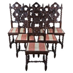 6 Antique Gothic French Renaissance Revival Oak Barley Twisted Dining Chairs