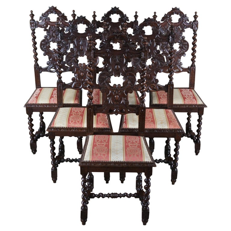 6 Antique Gothic French Renaissance Revival Oak Barley Twisted Dining Chairs For Sale