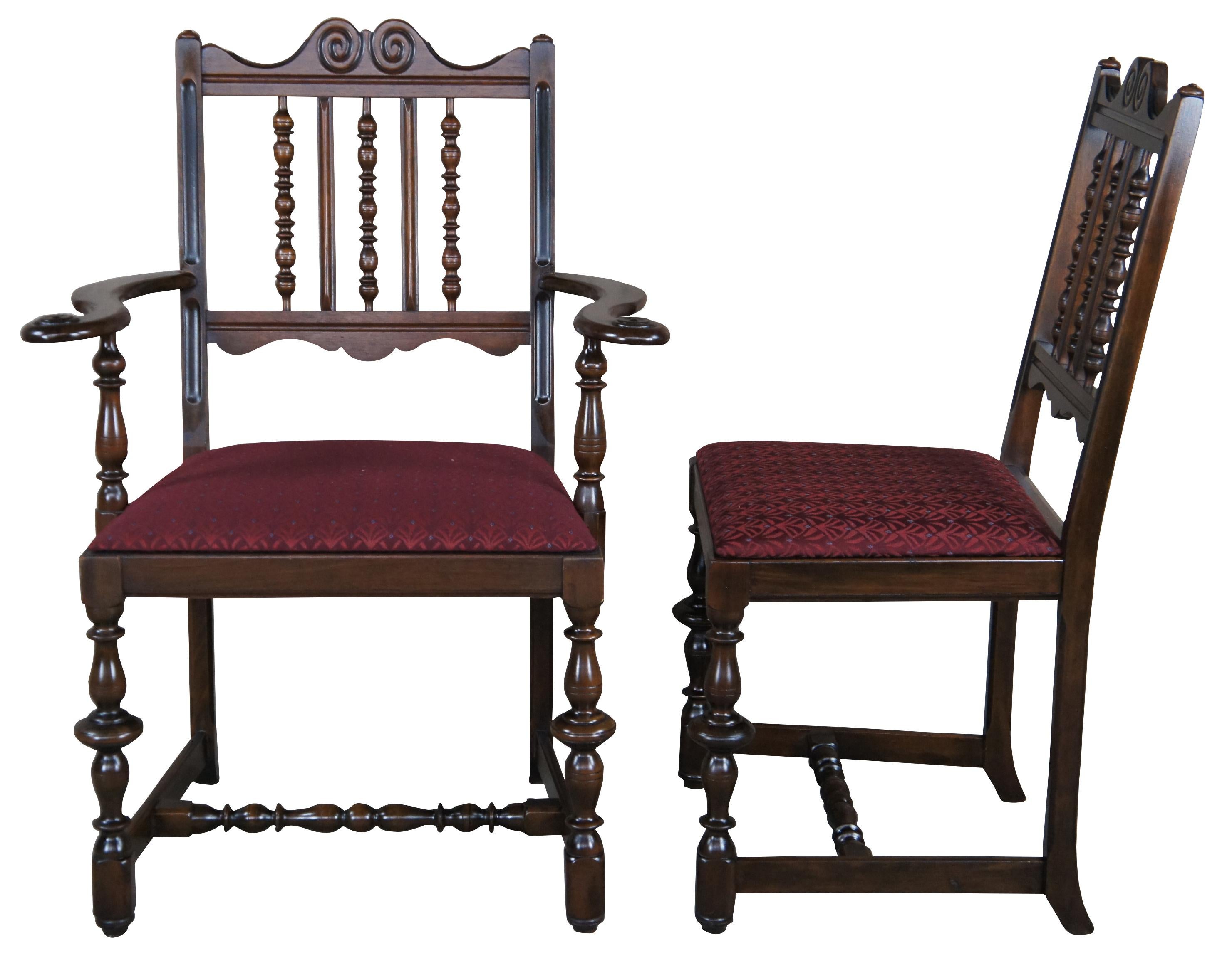 6 Grand rapids chair Company antique dining chairs, circa 1910-20s. Drawing inspiration from William & Mary and Jacobean styling. Made from walnut with a scrolled crest rail over spindled back and grooved stiles. Features beautifully turned legs