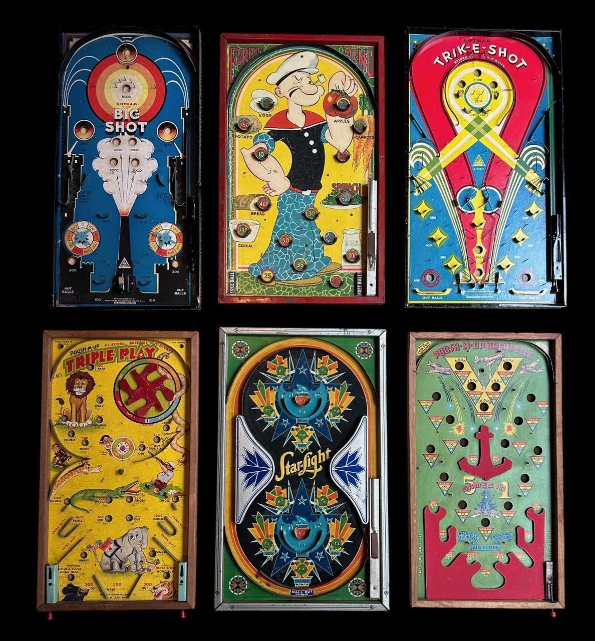 Artisanat 6 Antique Graphic Pinball Games en vente
