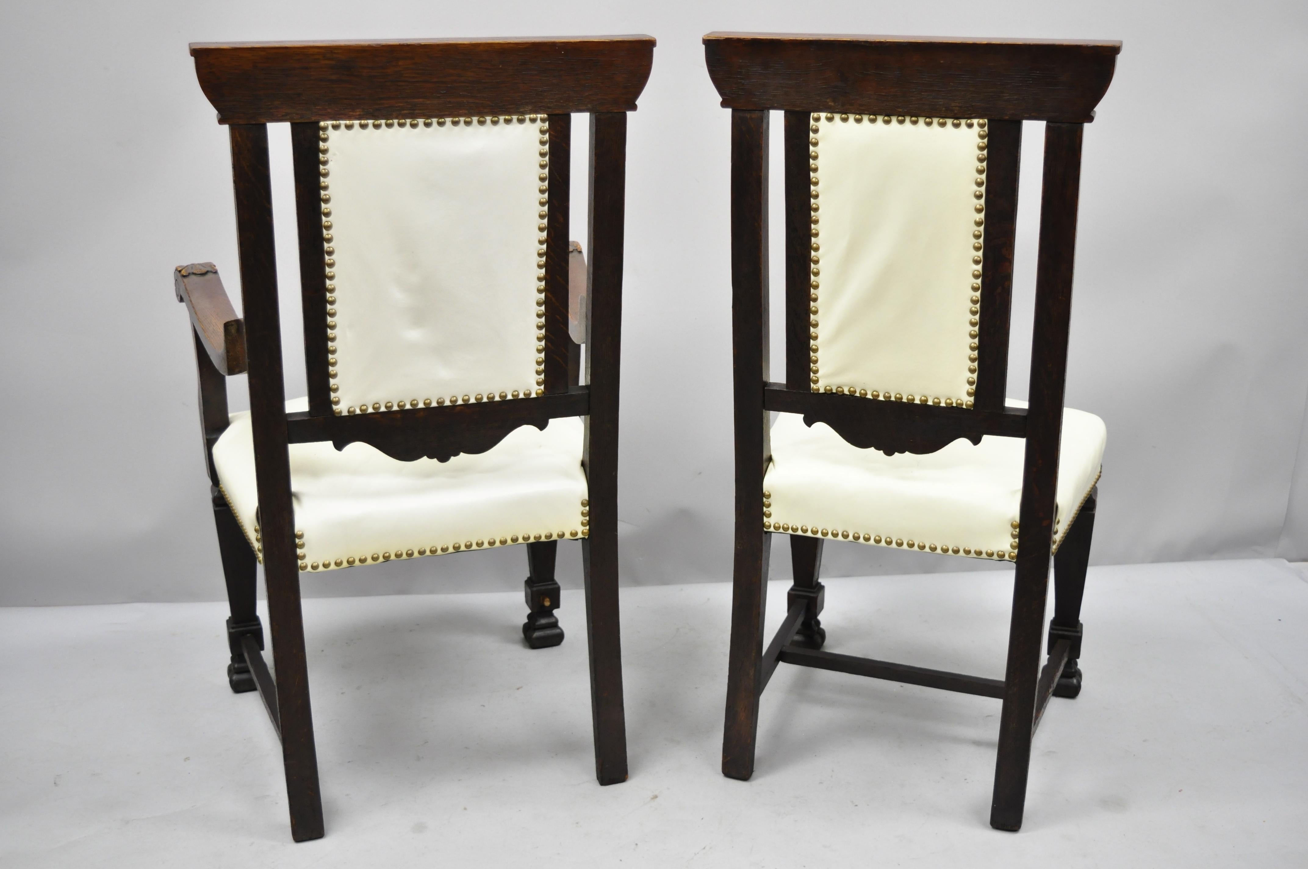 6 Antique Italian Renaissance Carved Oak Wood Upholstered Dining Chairs For Sale 3