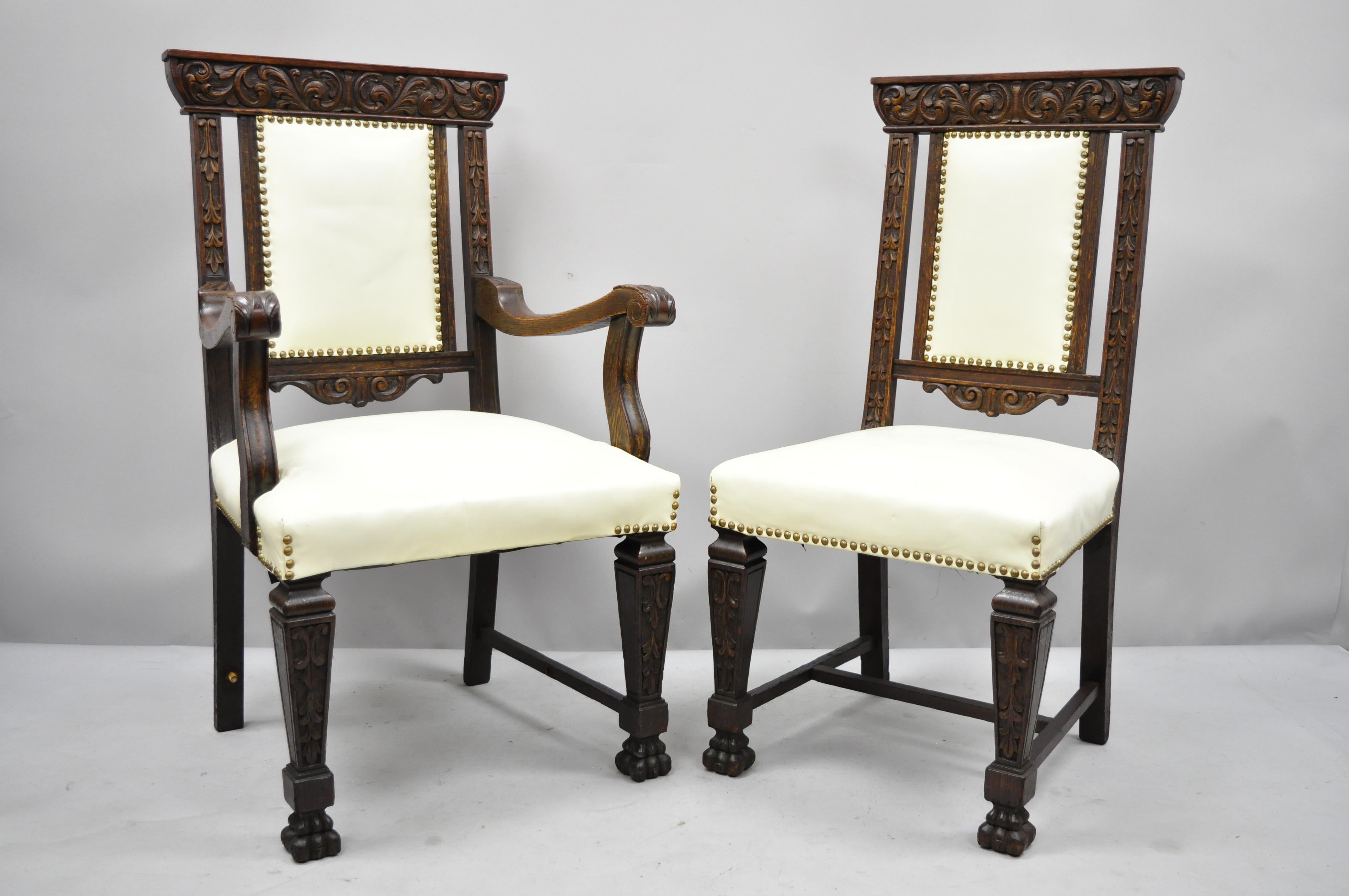 6 Antique Italian Renaissance Carved Oak Wood Upholstered Dining Chairs For Sale 4
