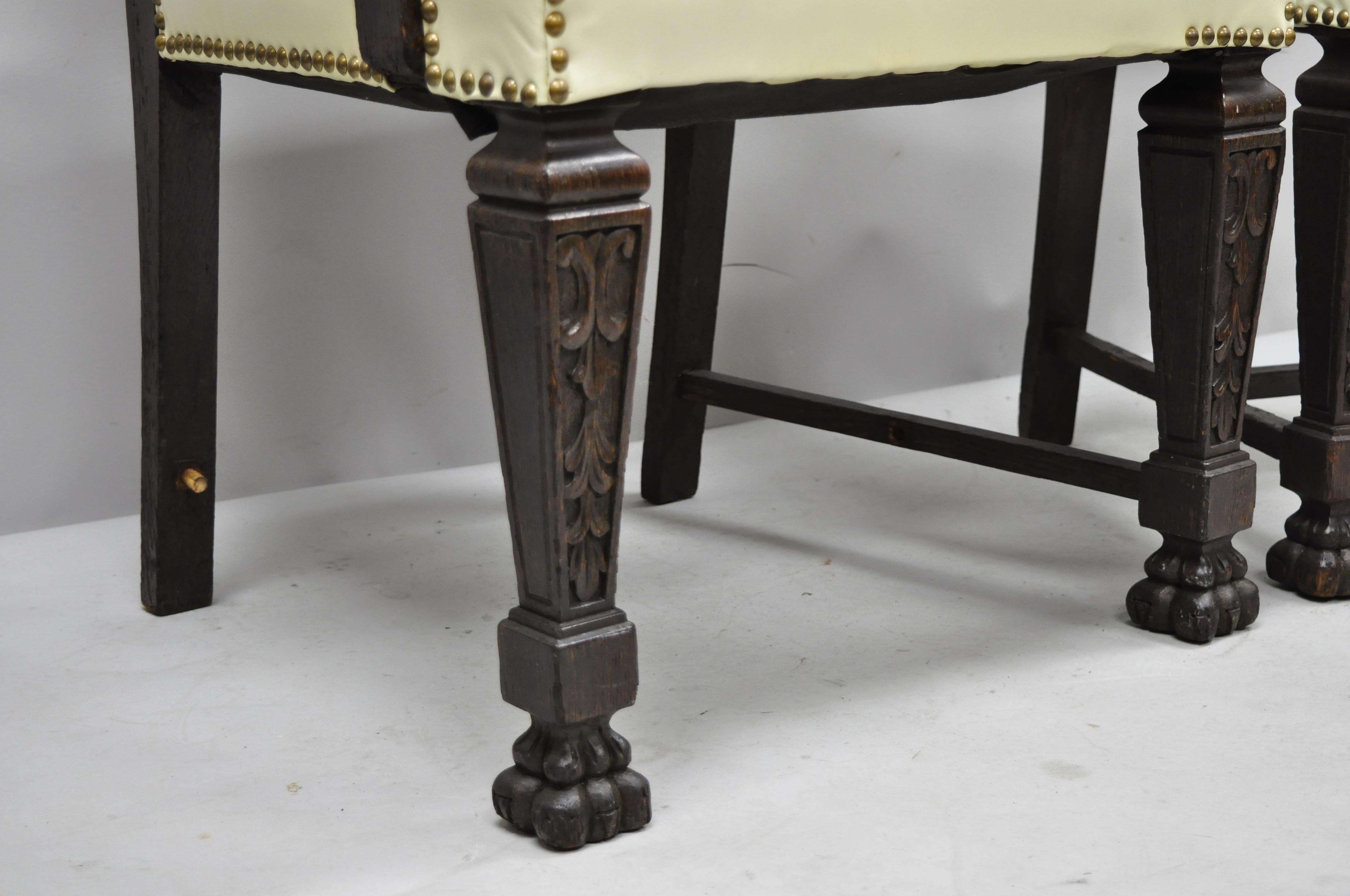 20th Century 6 Antique Italian Renaissance Carved Oak Wood Upholstered Dining Chairs For Sale