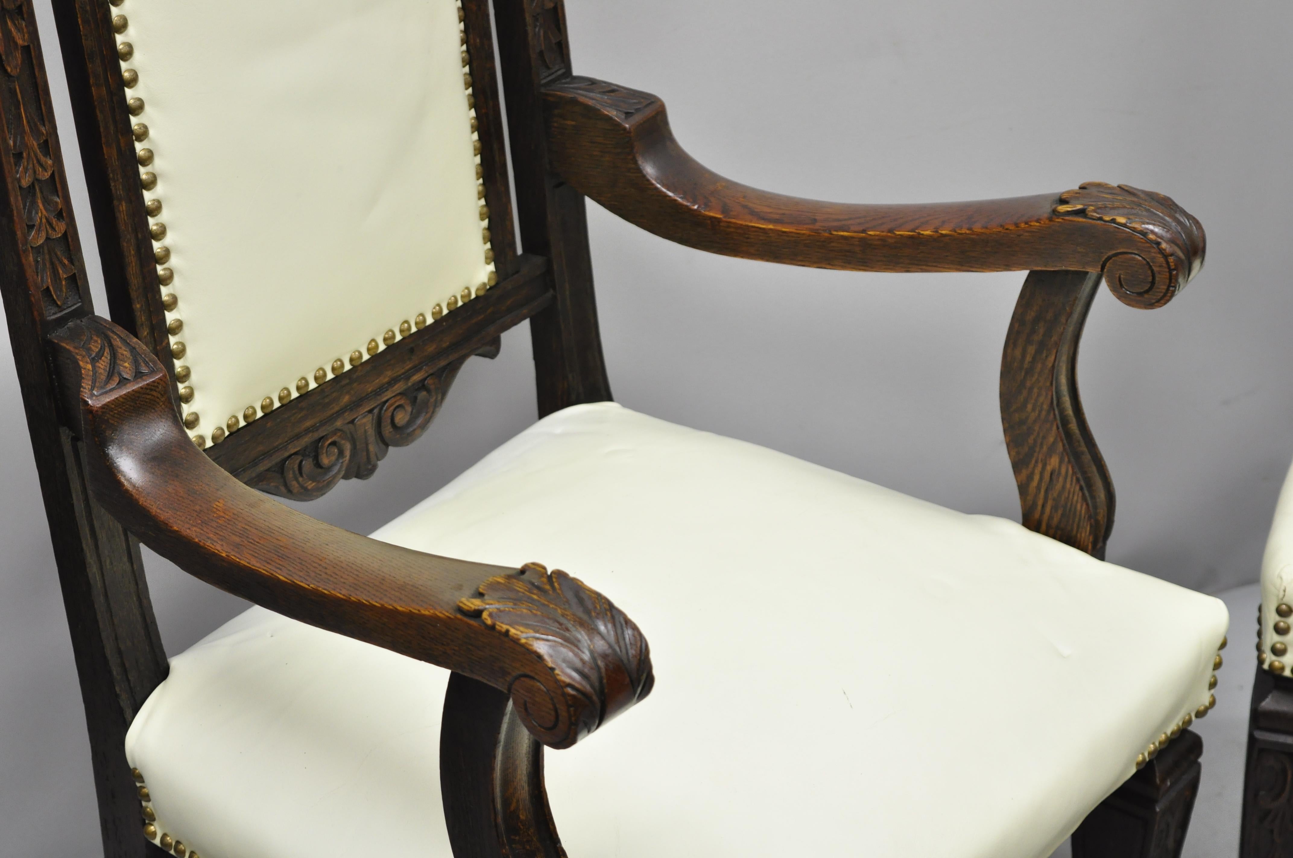 Naugahyde 6 Antique Italian Renaissance Carved Oak Wood Upholstered Dining Chairs For Sale