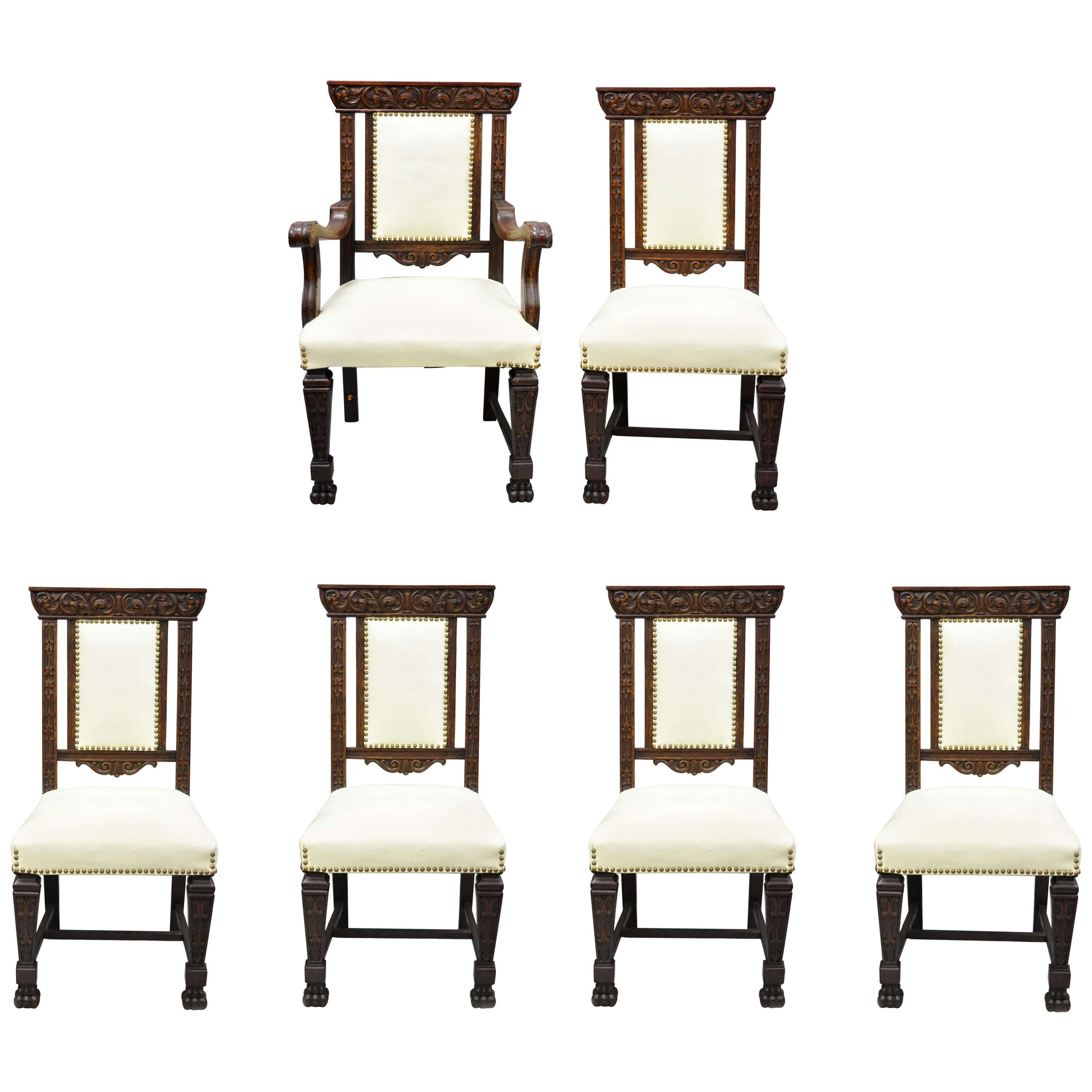 6 Antique Italian Renaissance Carved Oak Wood Upholstered Dining Chairs For Sale