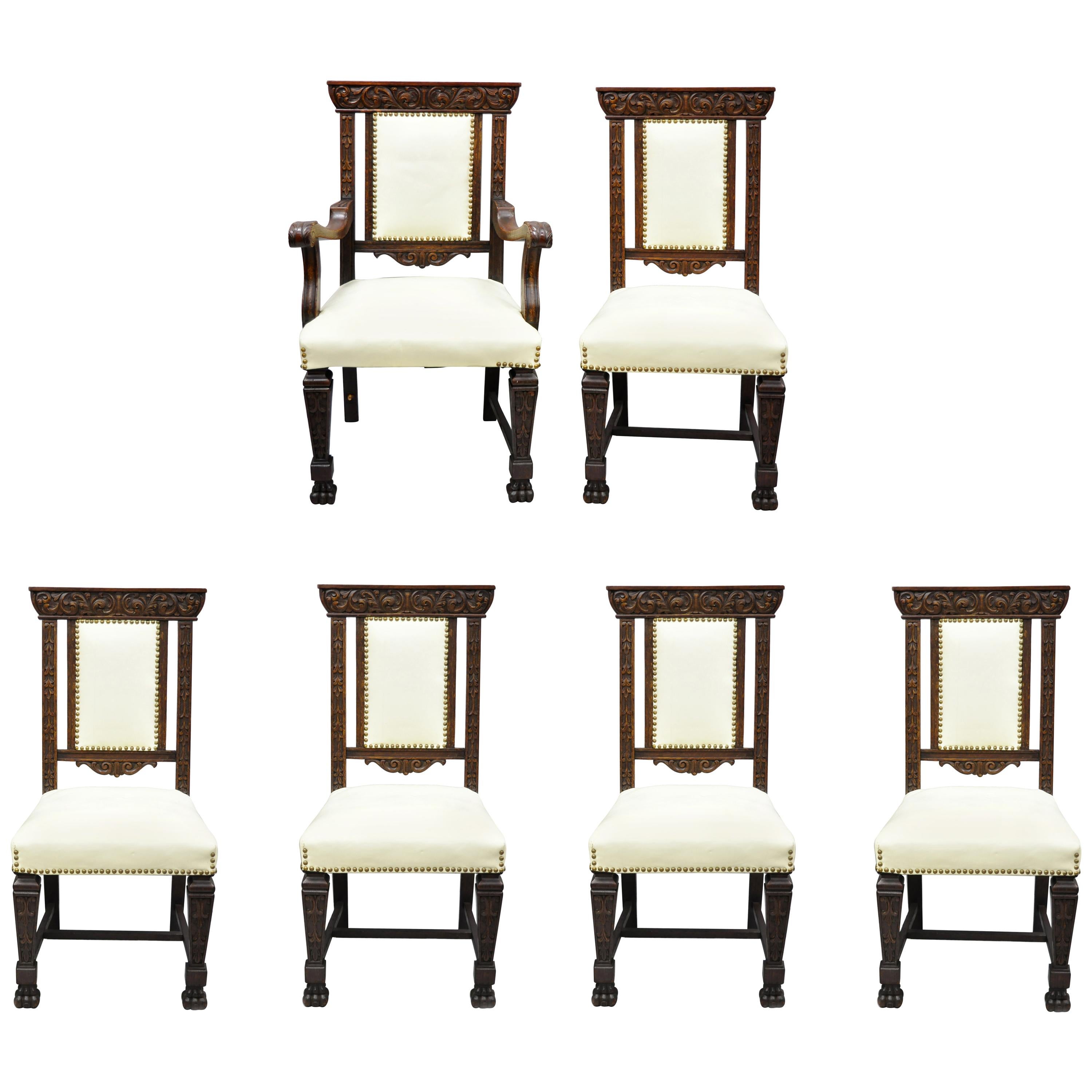 6 Antique Italian Renaissance Carved Oak Wood Upholstered Dining Chairs