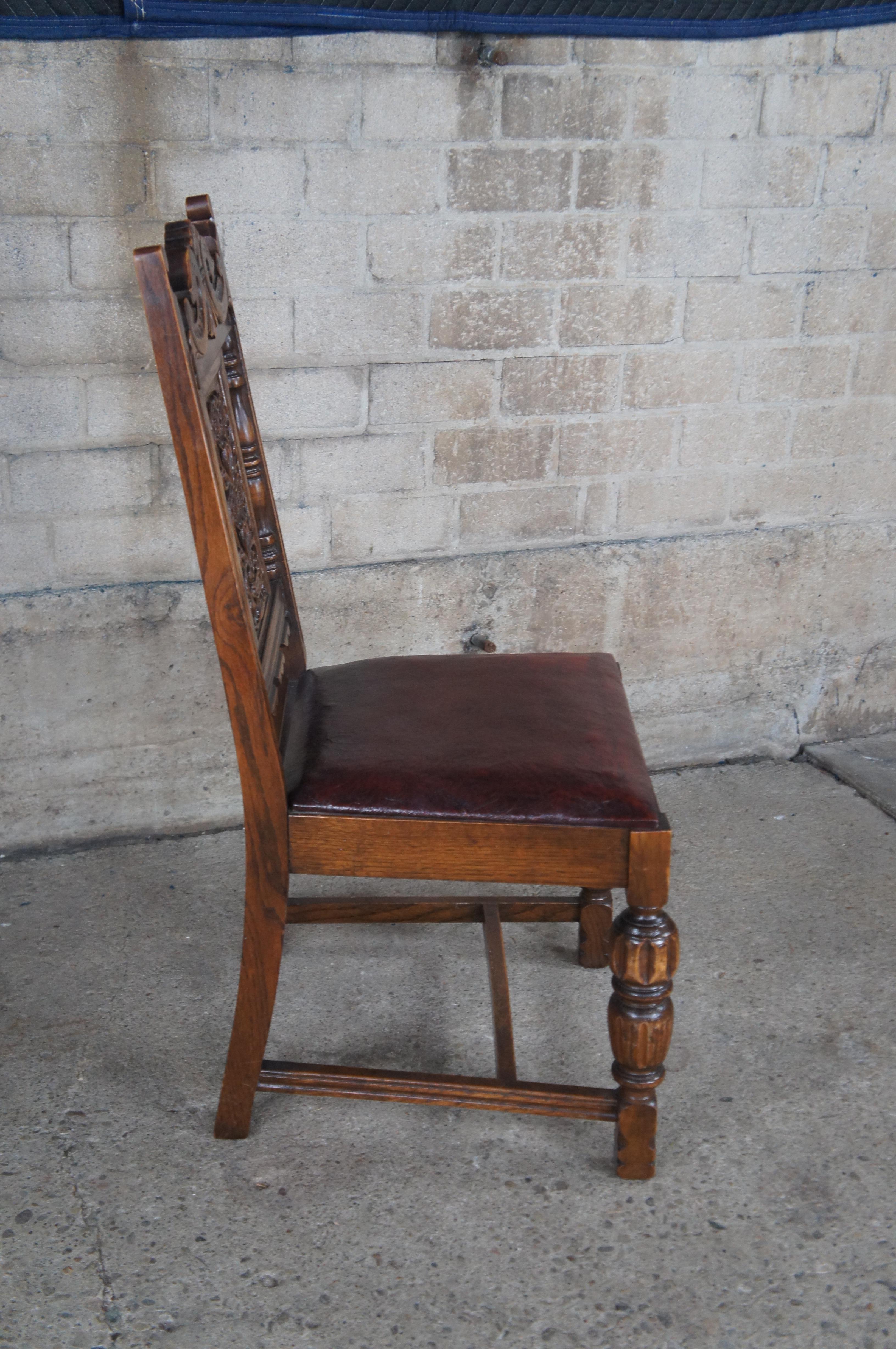 6 Antique Jacobean Spanish Revival Carved Oak Leather Dining Chairs 7