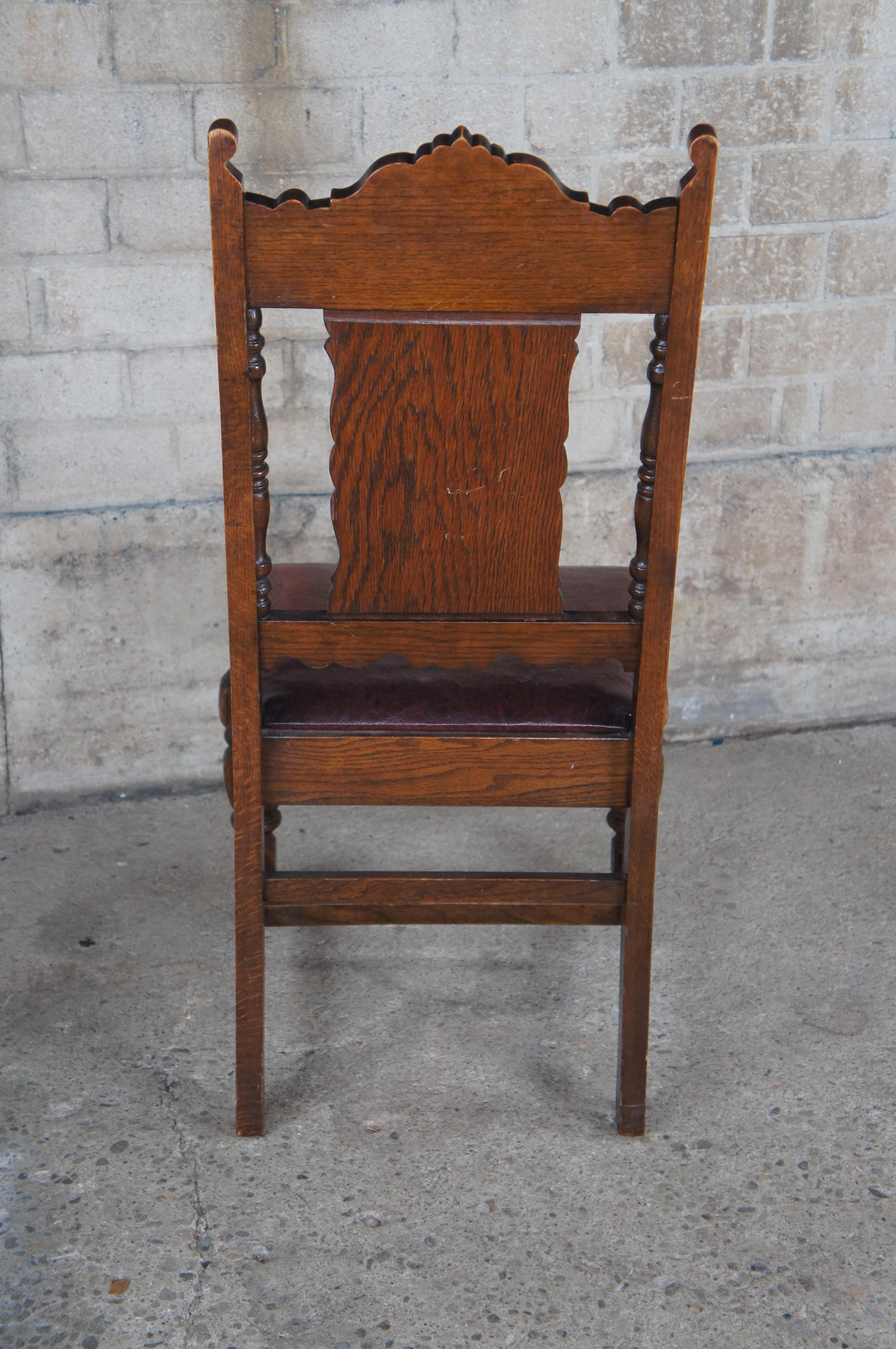 6 Antique Jacobean Spanish Revival Carved Oak Leather Dining Chairs 8