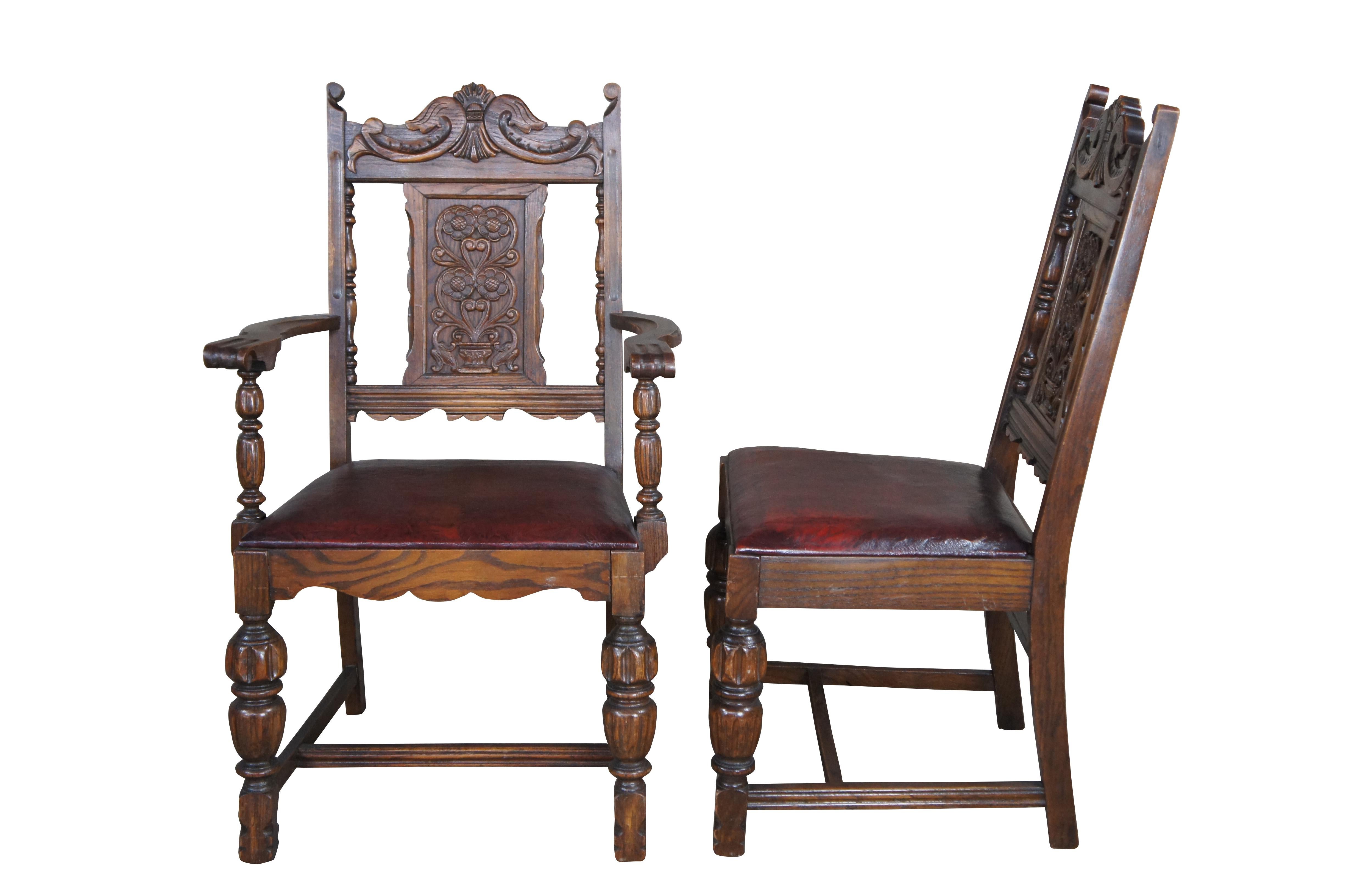 Set of six antique Jacobean dining chairs.  Made of oak featuring carved serpentine design with carved floral panel backs and red oxblood leather seats. 

Dimensions:
25.75