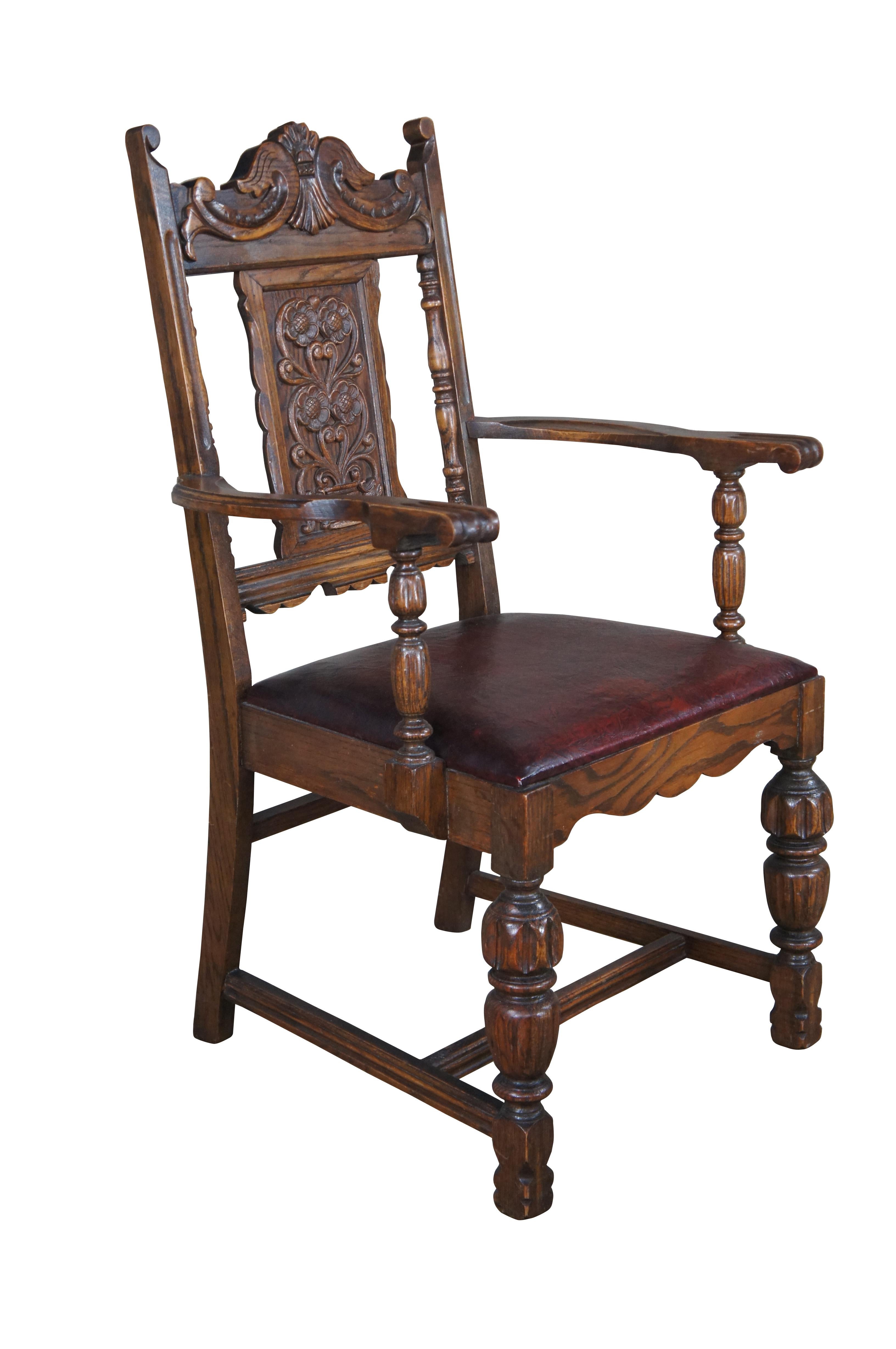 6 Antique Jacobean Spanish Revival Carved Oak Leather Dining Chairs In Good Condition In Dayton, OH
