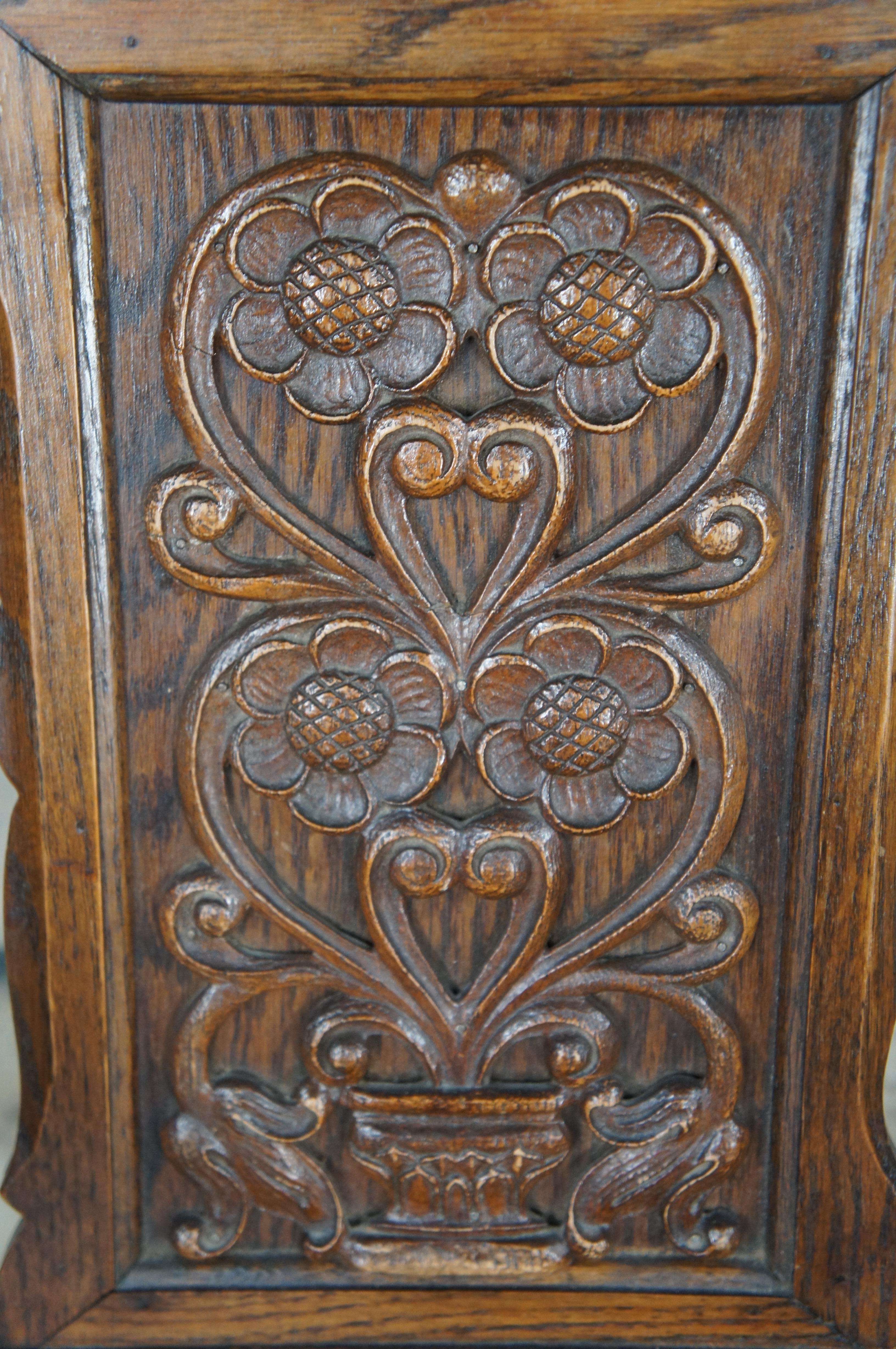 20th Century 6 Antique Jacobean Spanish Revival Carved Oak Leather Dining Chairs