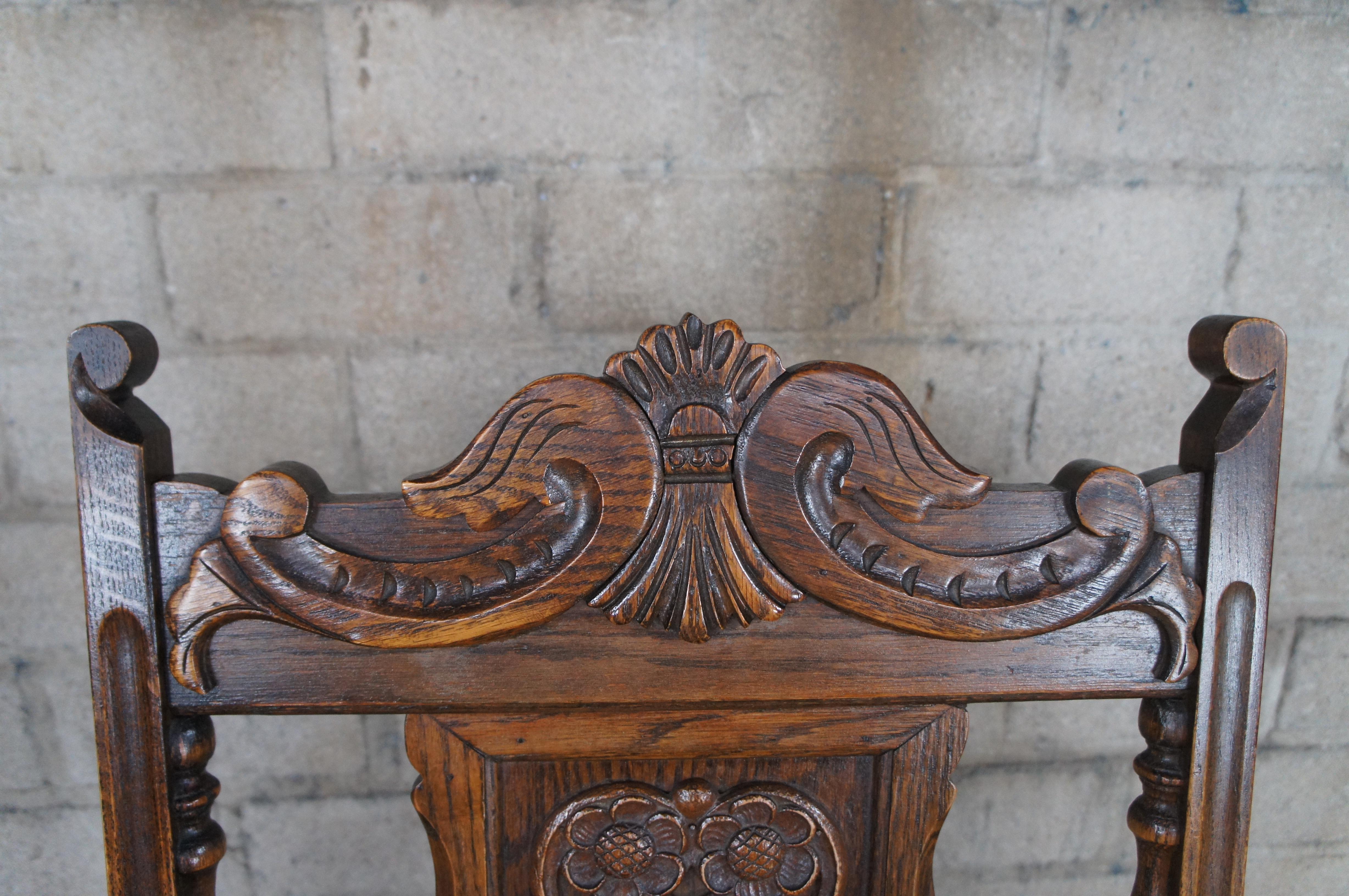 6 Antique Jacobean Spanish Revival Carved Oak Leather Dining Chairs 1