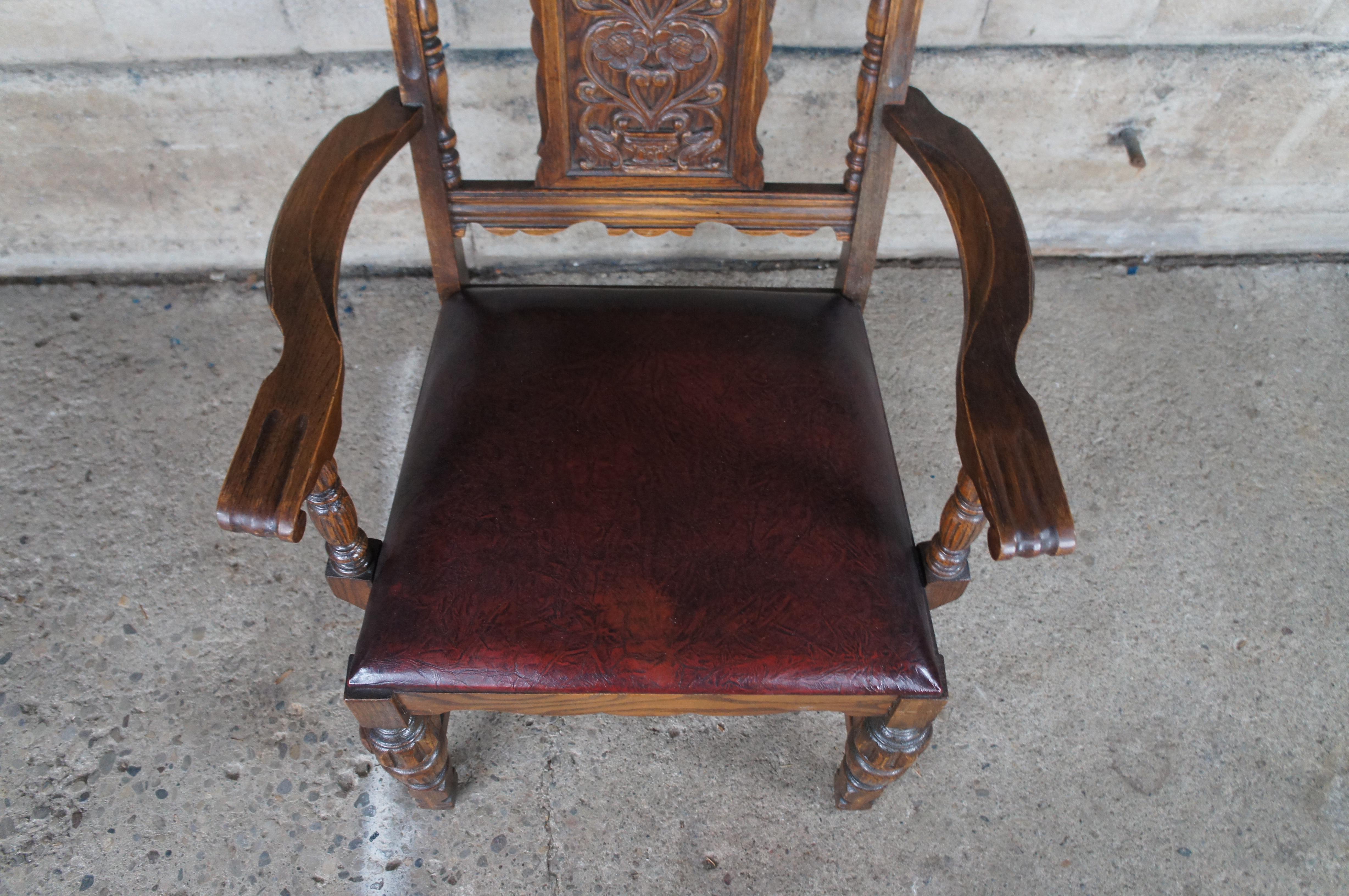 6 Antique Jacobean Spanish Revival Carved Oak Leather Dining Chairs 2