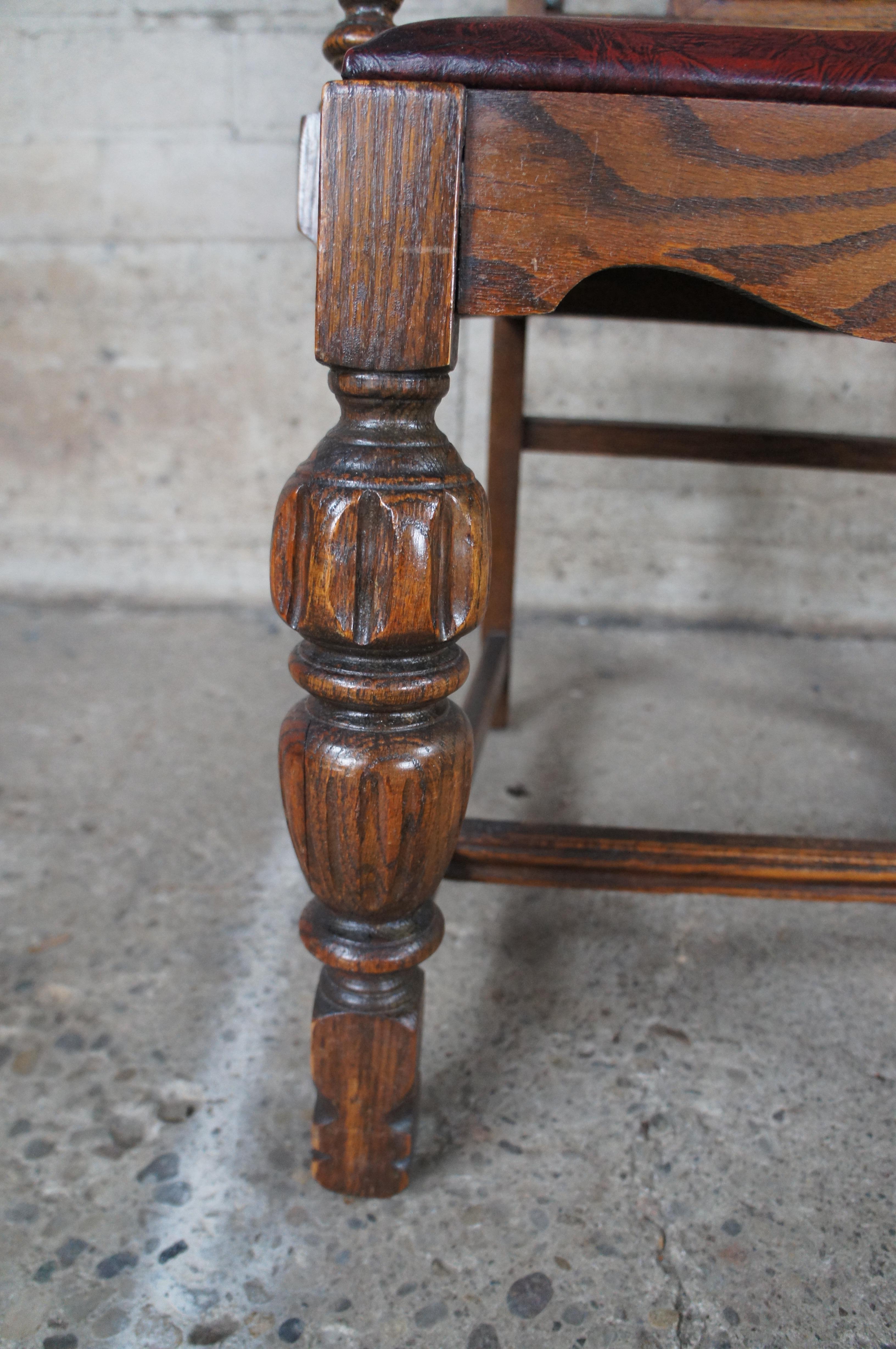 6 Antique Jacobean Spanish Revival Carved Oak Leather Dining Chairs 3