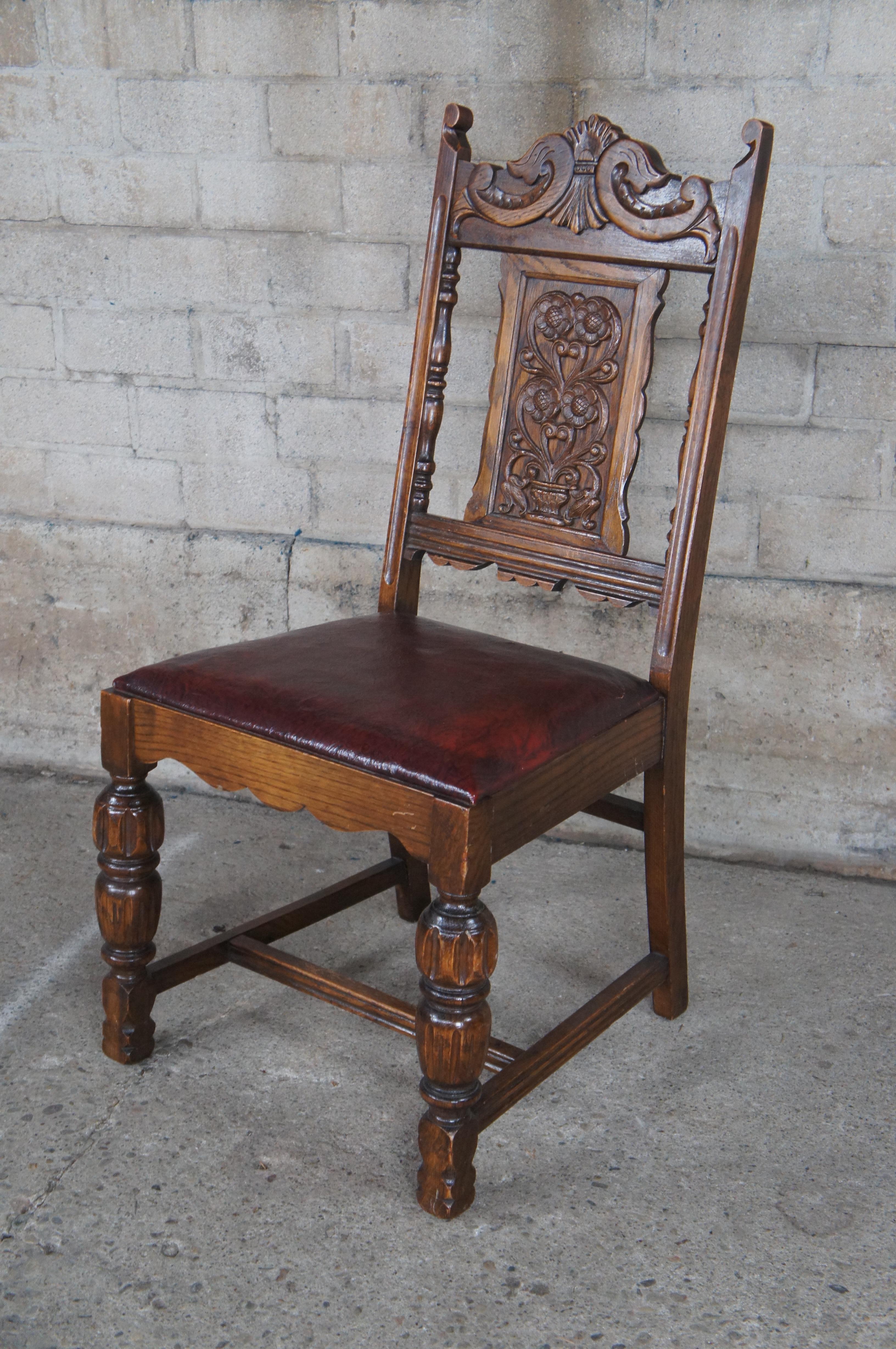 6 Antique Jacobean Spanish Revival Carved Oak Leather Dining Chairs 4