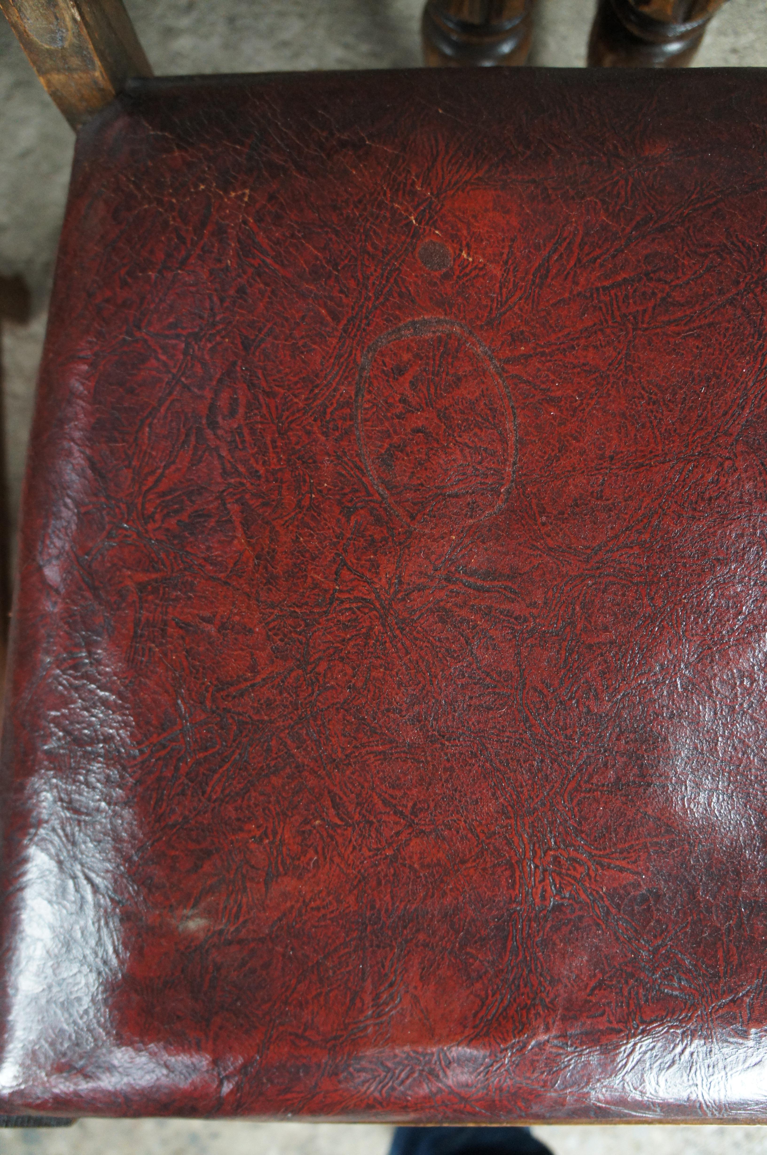 6 Antique Jacobean Spanish Revival Carved Oak Leather Dining Chairs 5