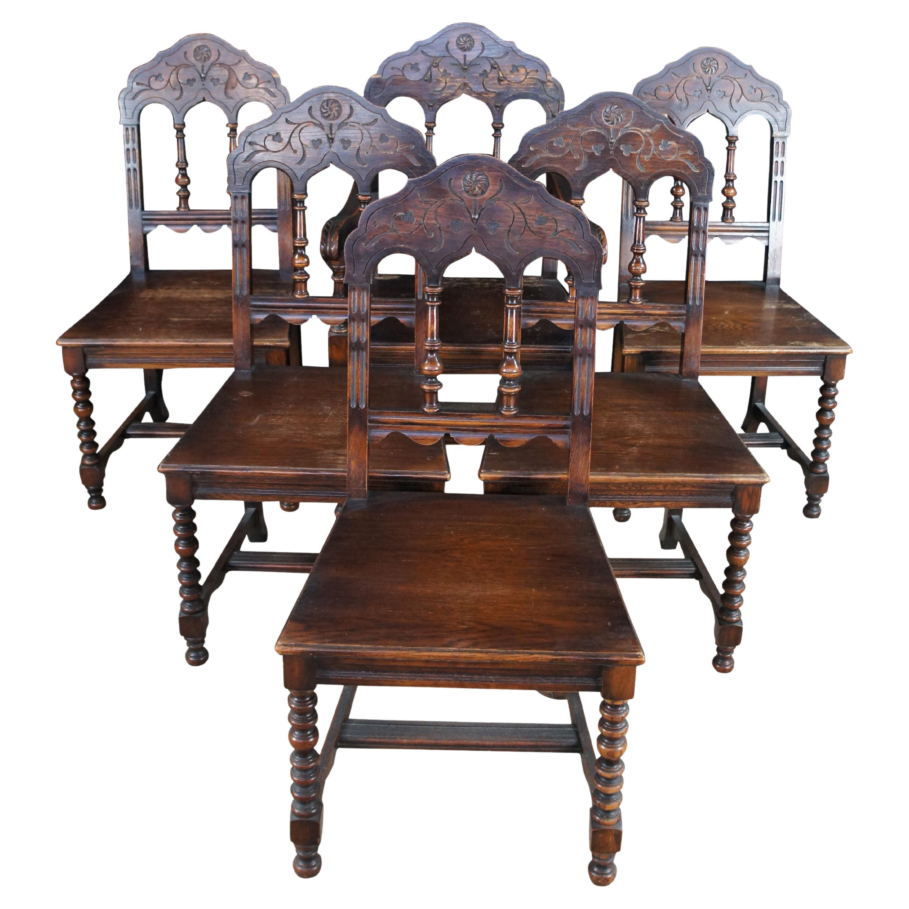 6 Antique Jacobean Spanish Revival Oak Dining Chairs Gothic Arched Back For Sale