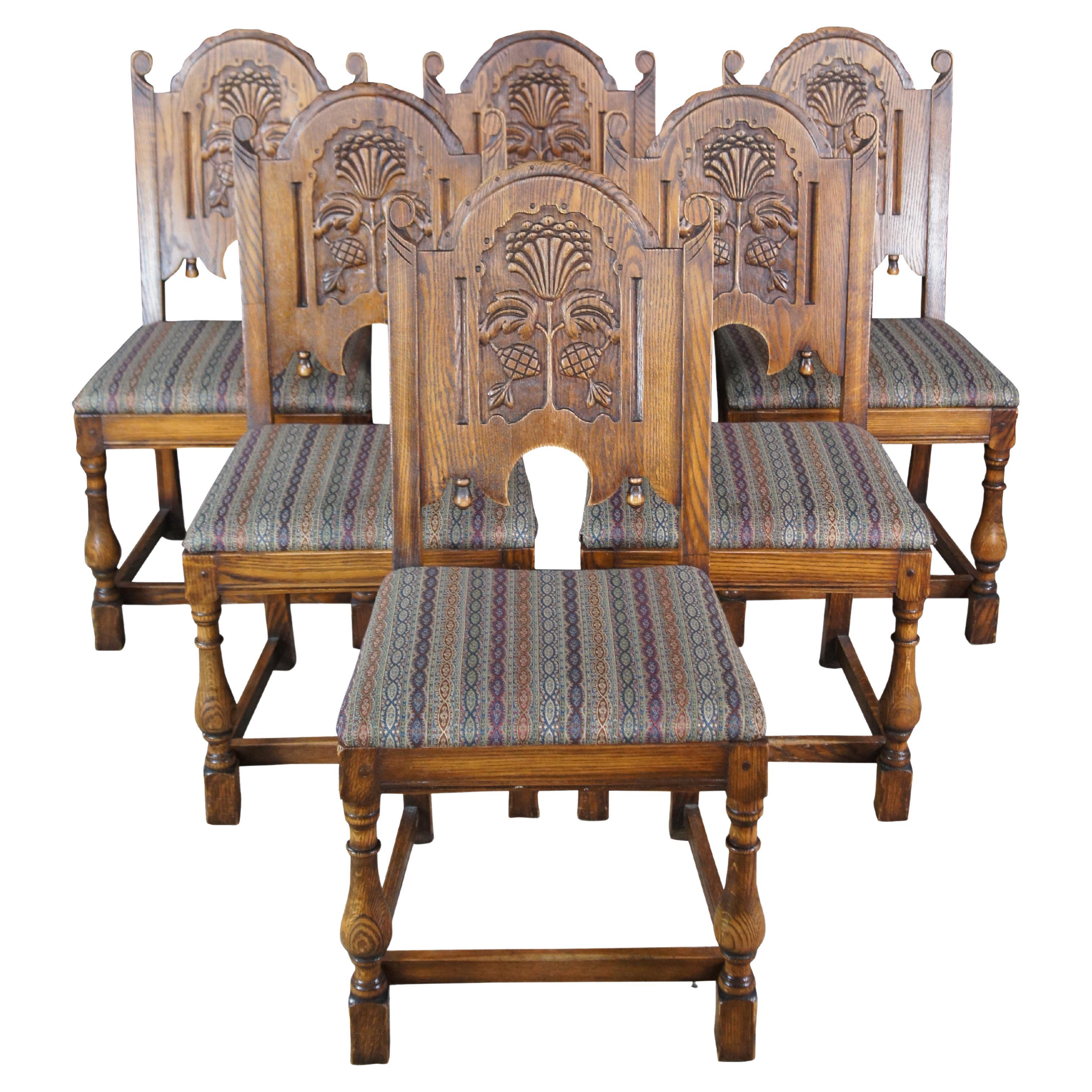 6 Antike Jamestown Lounge Jacobean Tudor Feudal Oak geschnitzt Esszimmerstühle im Angebot
