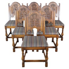 6 Antike Jamestown Lounge Jacobean Tudor Feudal Oak geschnitzt Esszimmerstühle