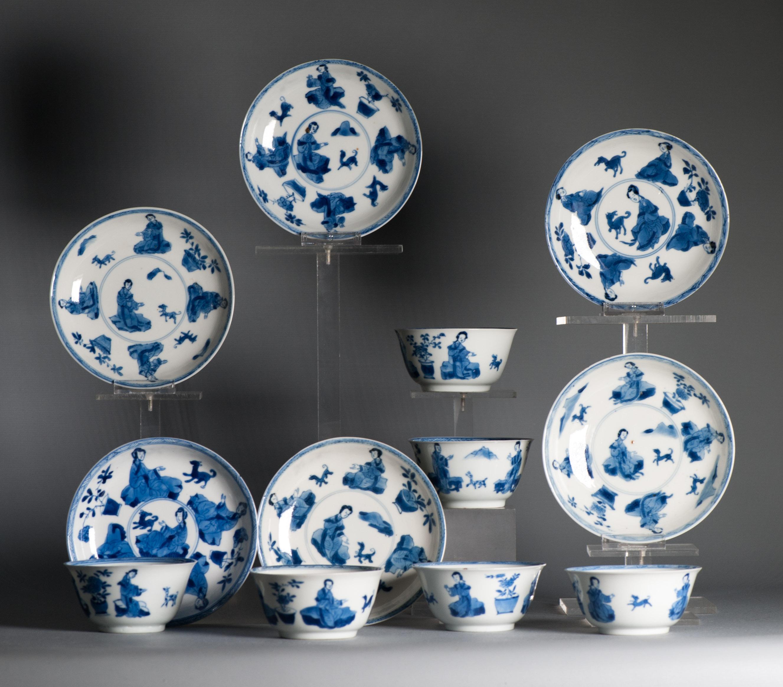 #6 Antique Période Kangxi Coquille d'oeuf Bols à thé et plats en porcelaine chinoise DAME. en vente 13