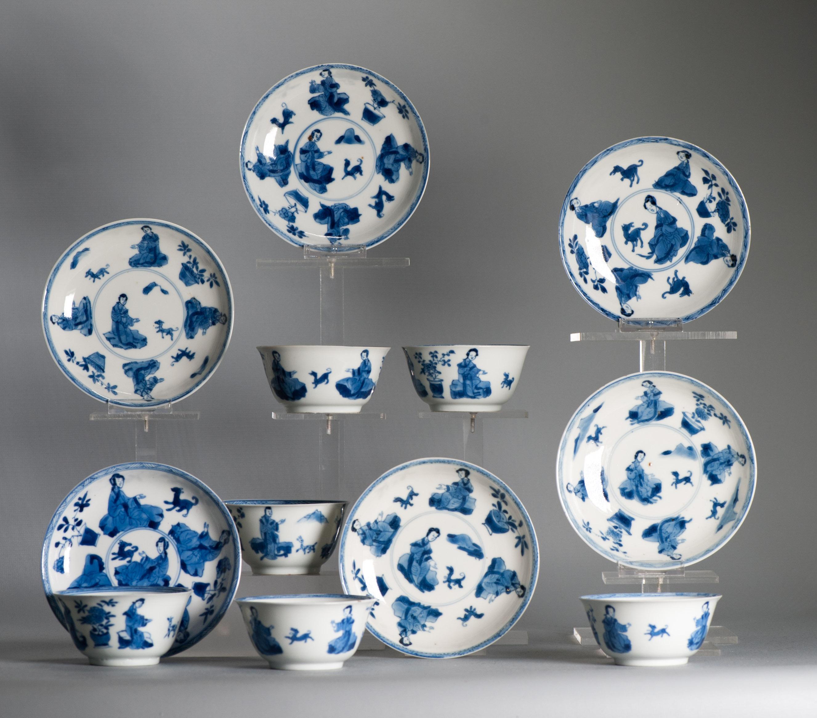 #6 Antique Période Kangxi Coquille d'oeuf Bols à thé et plats en porcelaine chinoise DAME. Bon état - En vente à Amsterdam, Noord Holland