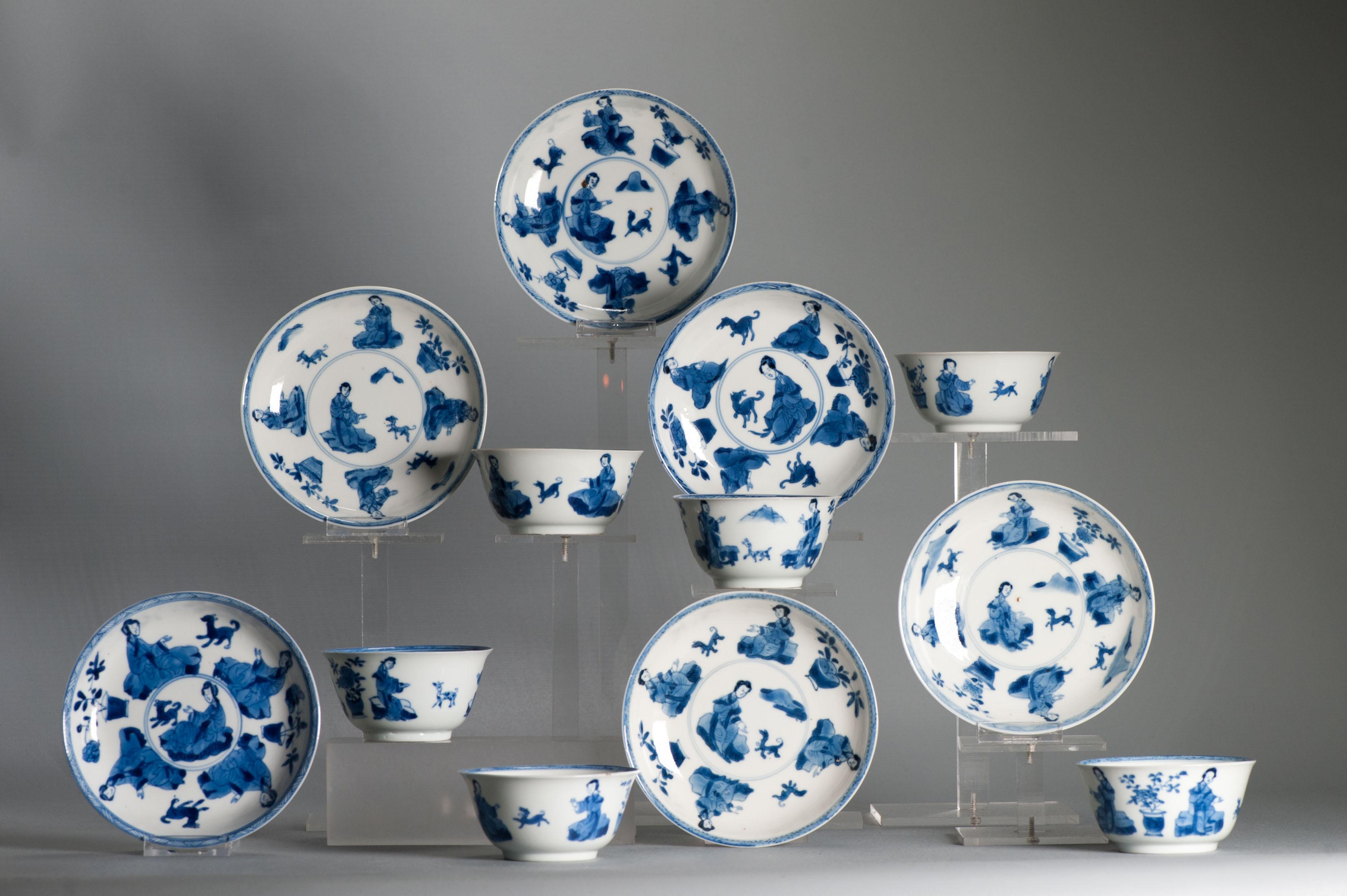 #6 Antique Période Kangxi Coquille d'oeuf Bols à thé et plats en porcelaine chinoise DAME. en vente 1