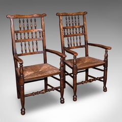 6 Antique Lancashire Dining Chairs, English Beech, Carver, Seat, Edwardian, 1905
