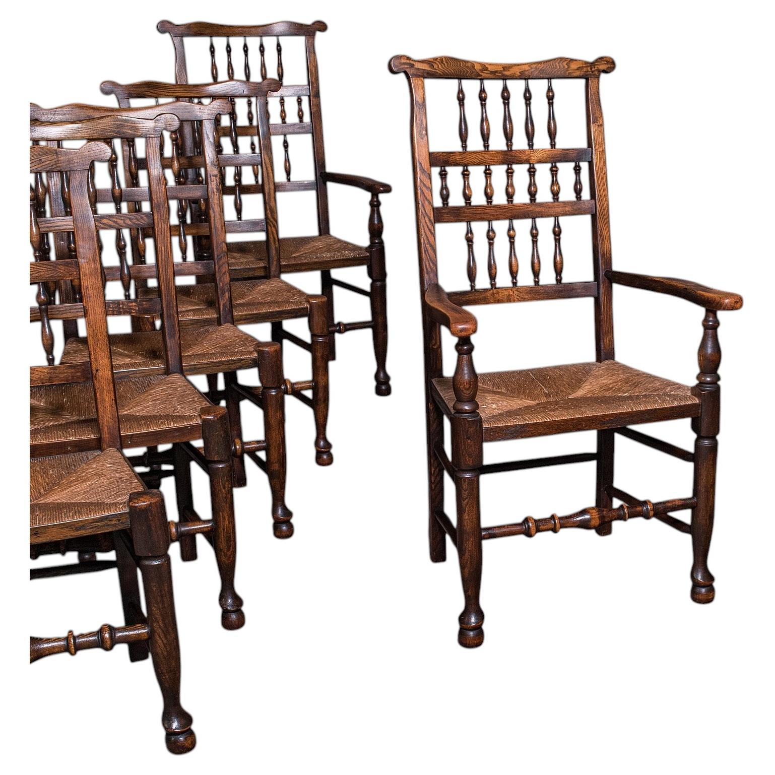 6 Antique Lancashire Dining Chairs, English Beech, Carver, Seat, Edwardian, 1905 For Sale