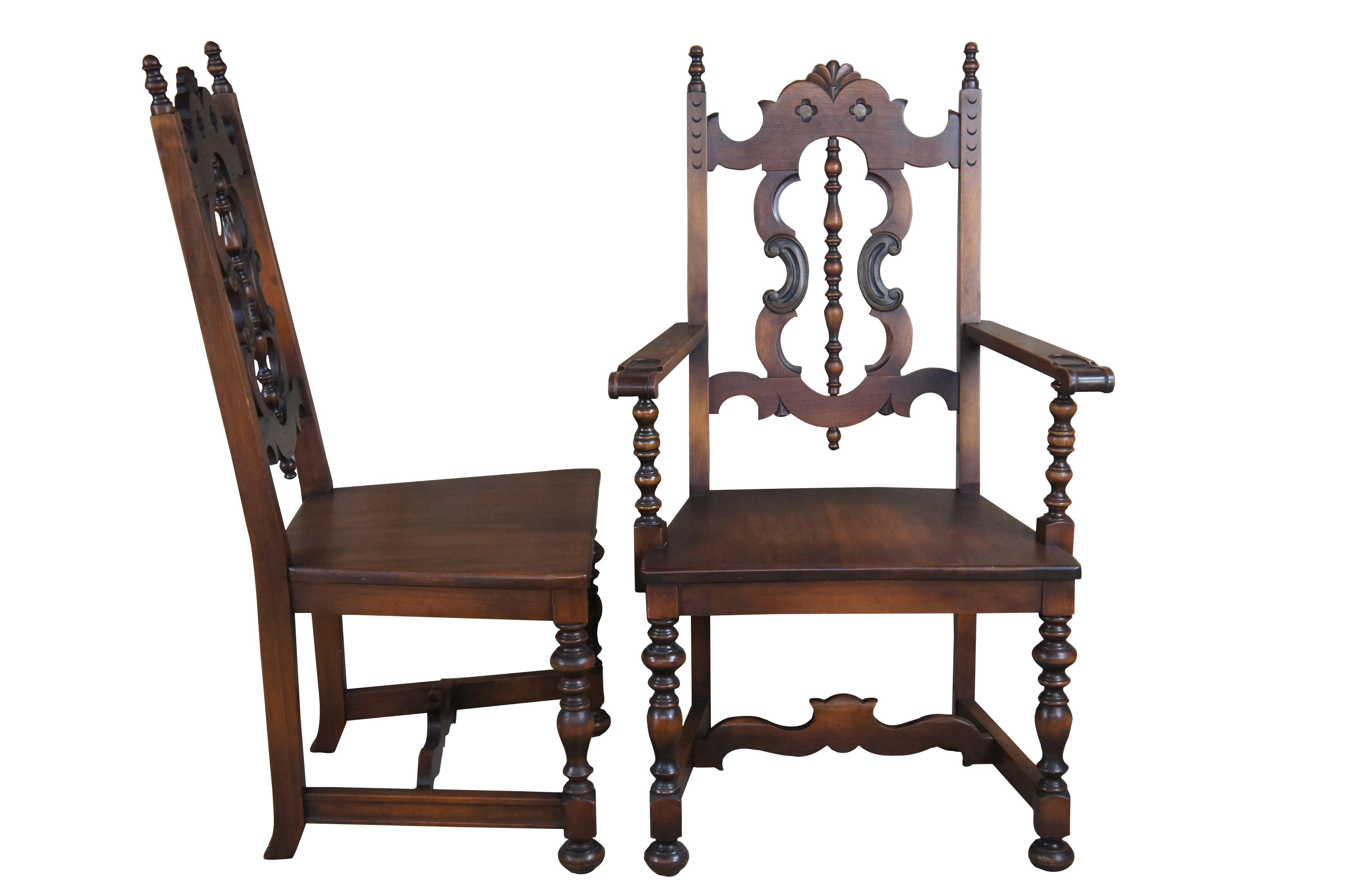 Set of six antique Life Time Furniture Jacobean / Spanish Revival dining chairs.  Made of walnut featuring Jacobean styling with turned supports, pierced back, serpentine accents and finials.

In the late 19th century and early 20th century most