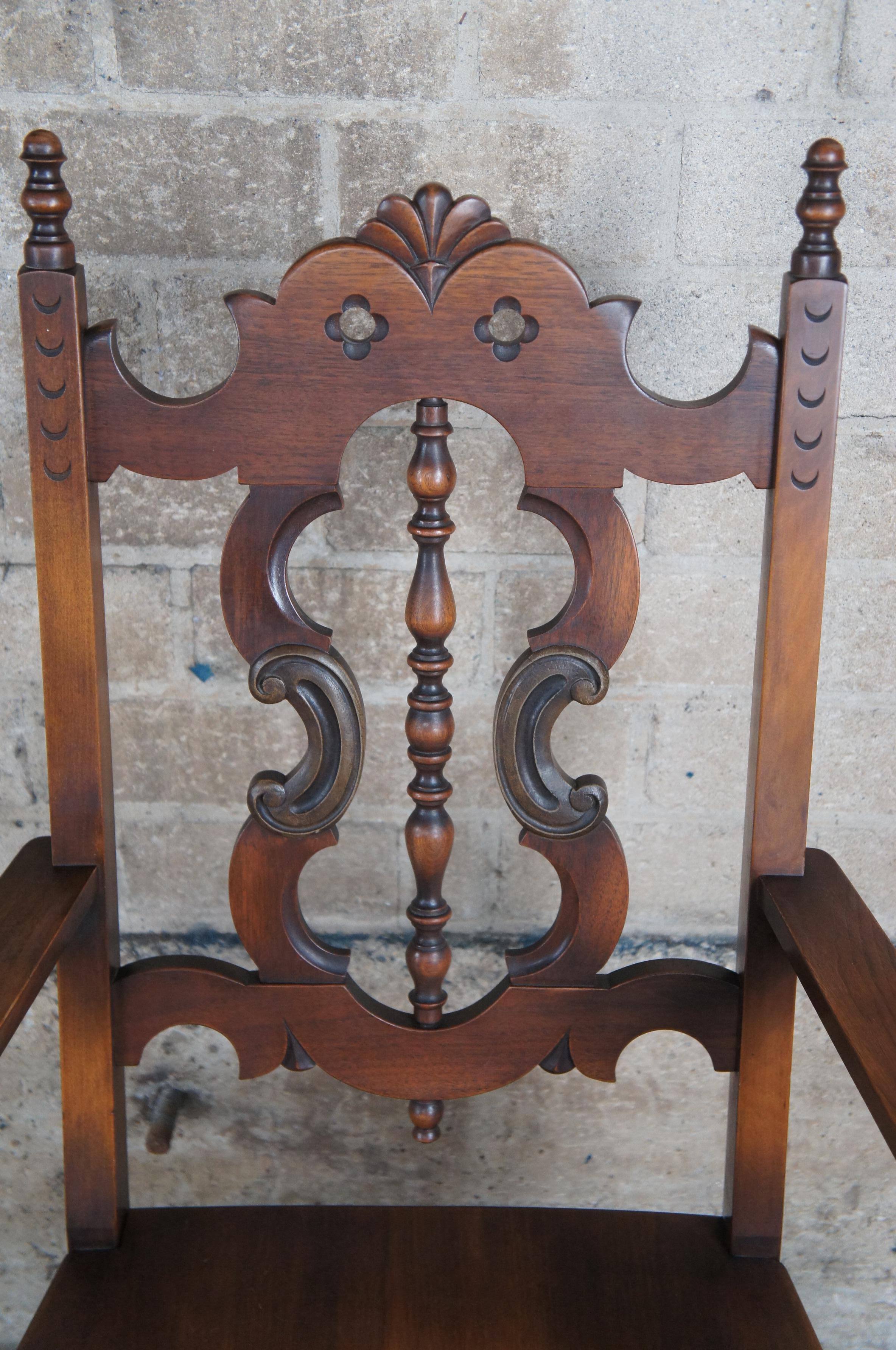 6 Antique Lifetime Furniture Jacobean Gothic Spanish Walnut Dining Chairs Set In Good Condition In Dayton, OH