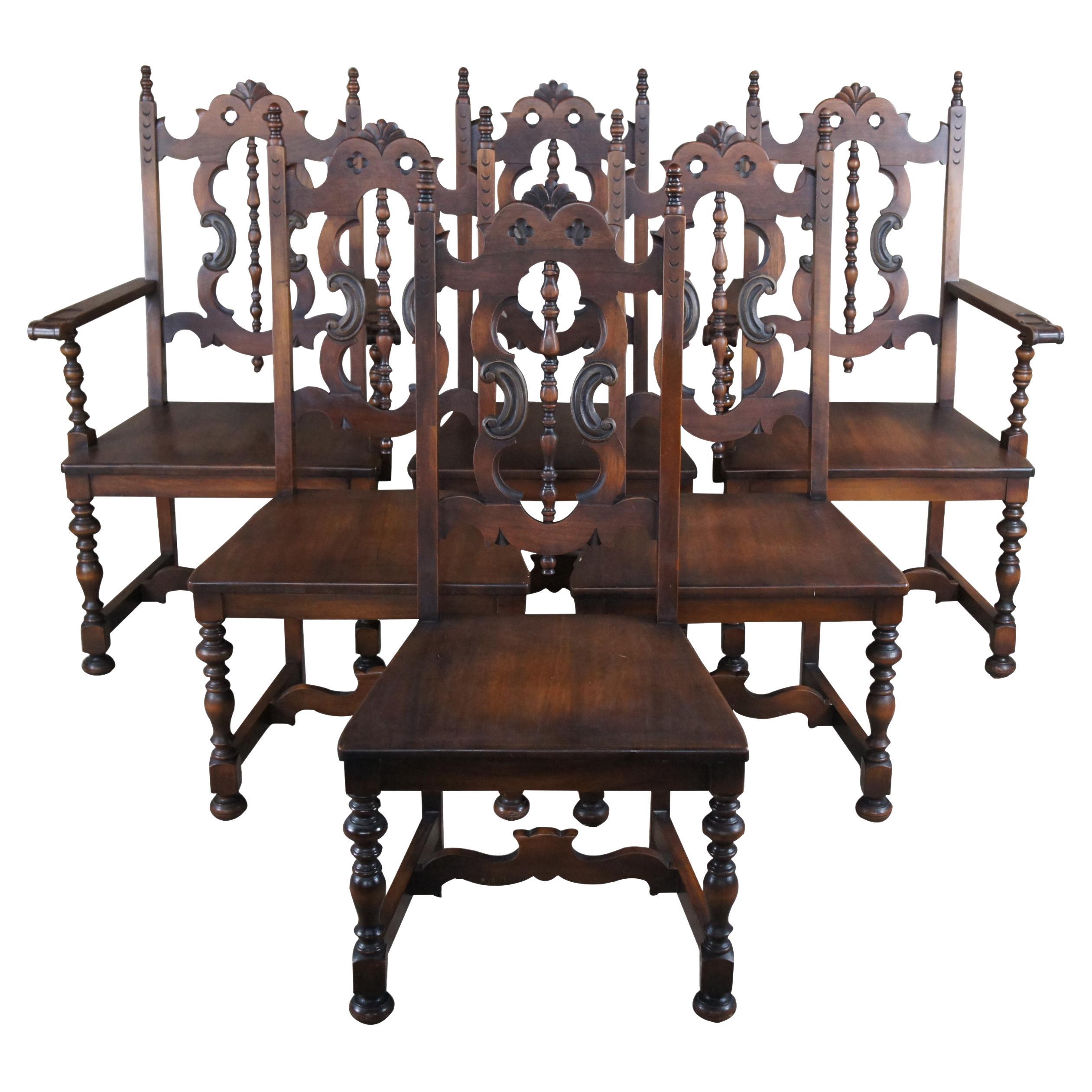 6 Antique Lifetime Furniture Jacobean Gothic Spanish Walnut Dining Chairs Set