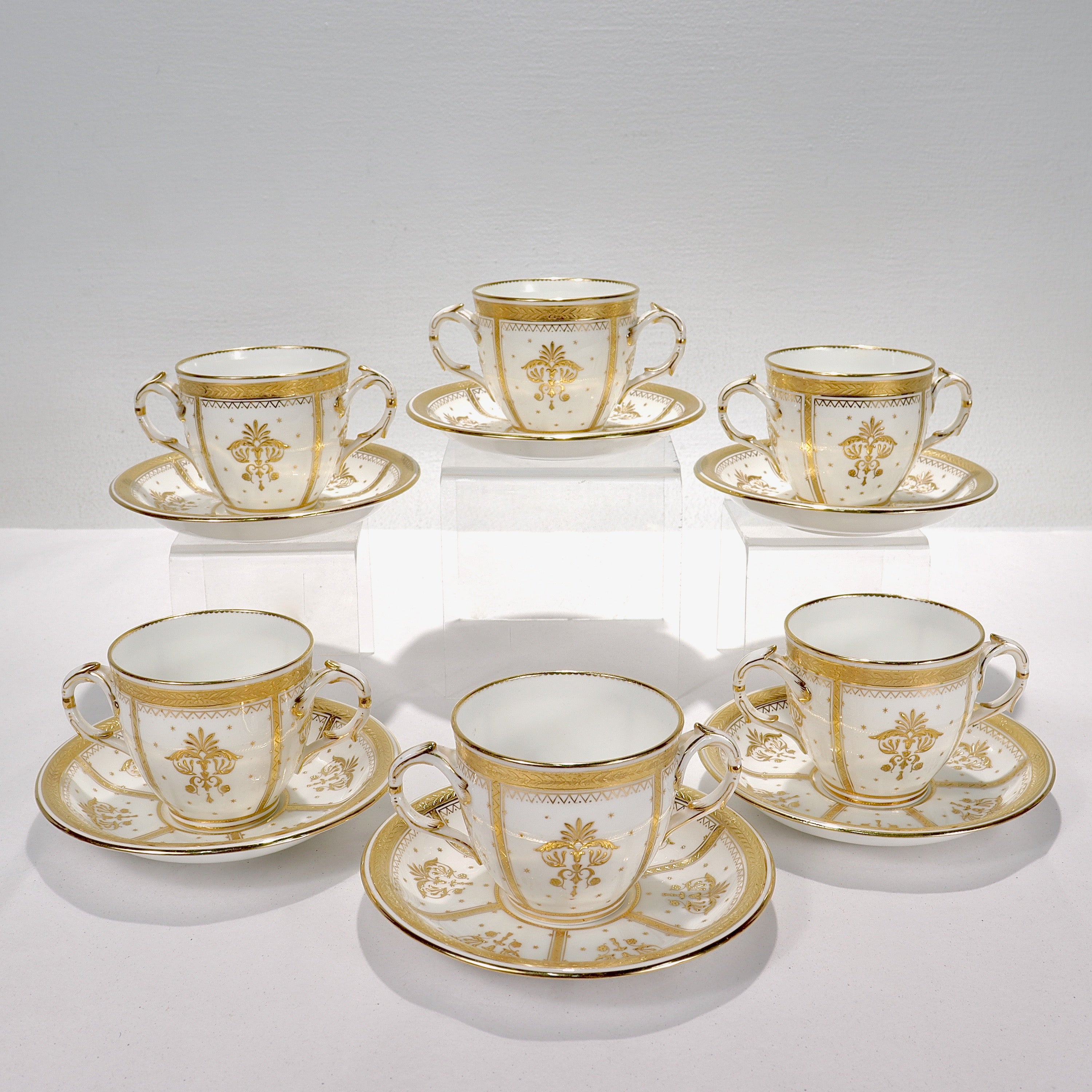 Late Victorian 6 Antique Mintons Porcelain Raised Gold Twin Handled Bouillons / Cups & Saucers For Sale