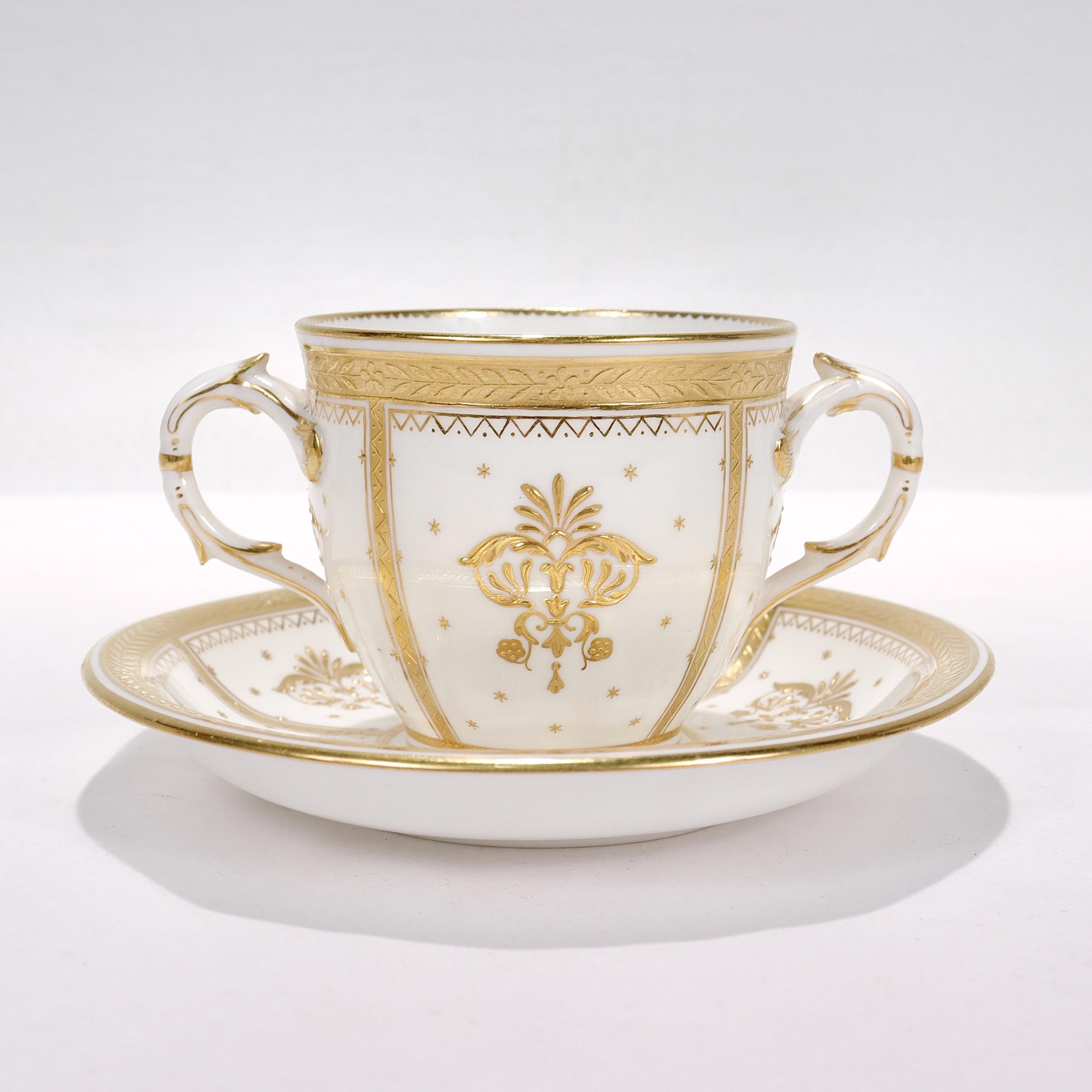 English 6 Antique Mintons Porcelain Raised Gold Twin Handled Bouillons / Cups & Saucers For Sale