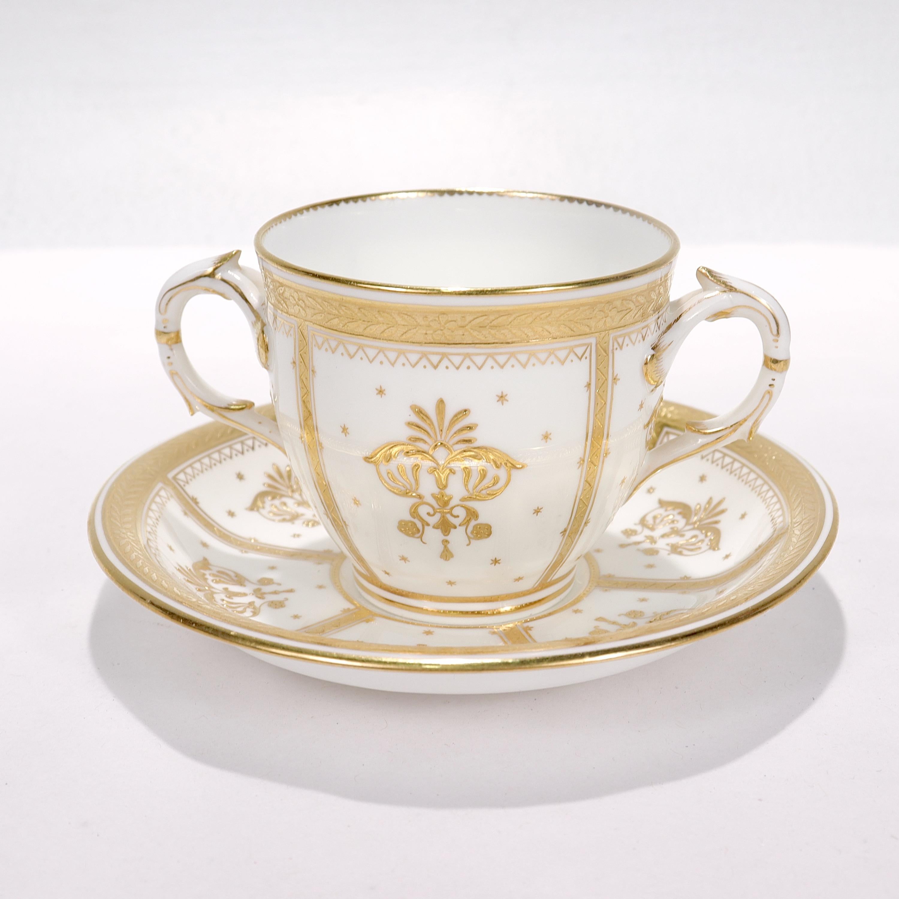 Gilt 6 Antique Mintons Porcelain Raised Gold Twin Handled Bouillons / Cups & Saucers For Sale