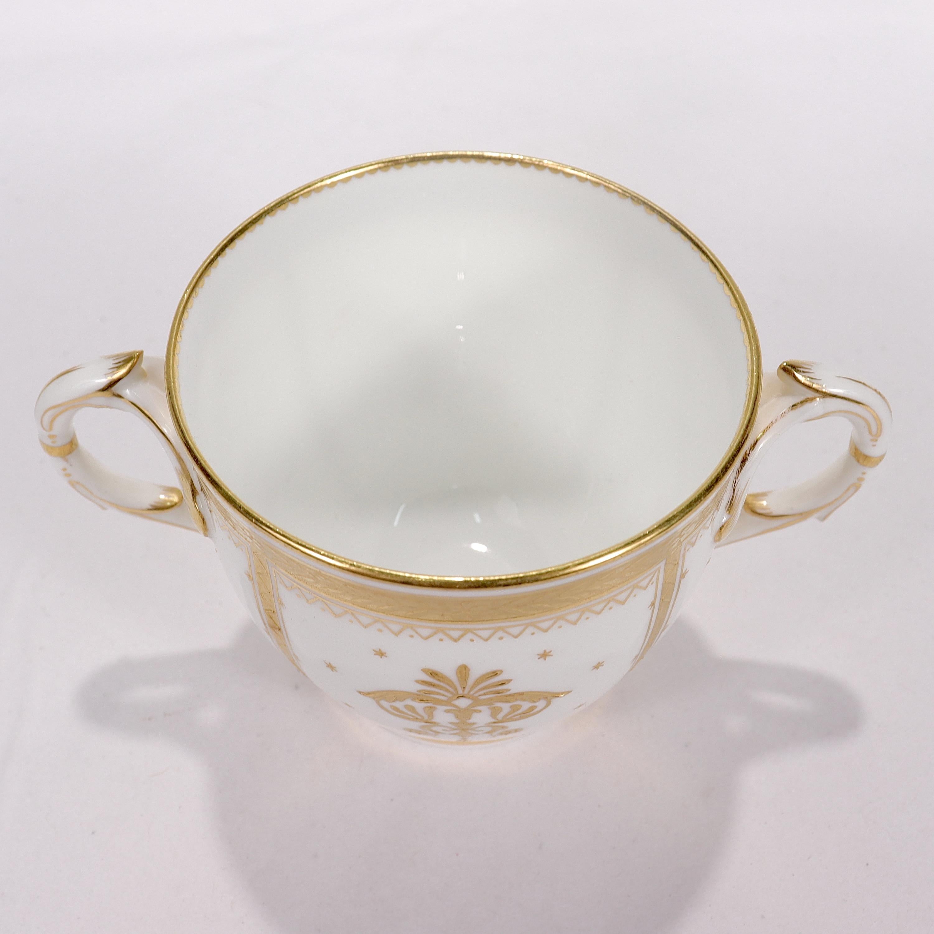 19th Century 6 Antique Mintons Porcelain Raised Gold Twin Handled Bouillons / Cups & Saucers For Sale