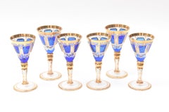 6 Antique Moser Cordial Glasses, Cobalt Blue Hand Trimmed Gold