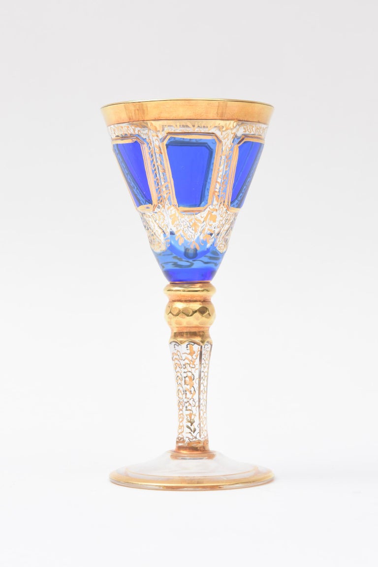 6 Antique Moser Cordial Glasses, Cobalt Blue Hand Trimmed Gold at 1stDibs