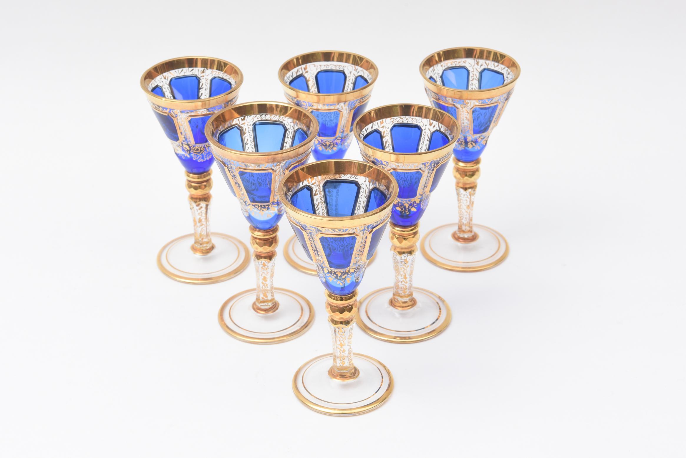 Hand-Crafted 6 Antique Moser Cordial Glasses, Cobalt Blue Hand Trimmed Gold