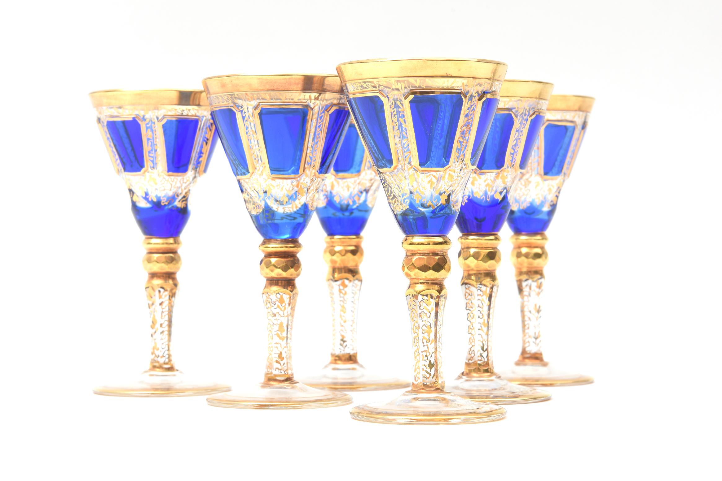 6 Antique Moser Cordial Glasses, Cobalt Blue Hand Trimmed Gold In Good Condition In West Palm Beach, FL