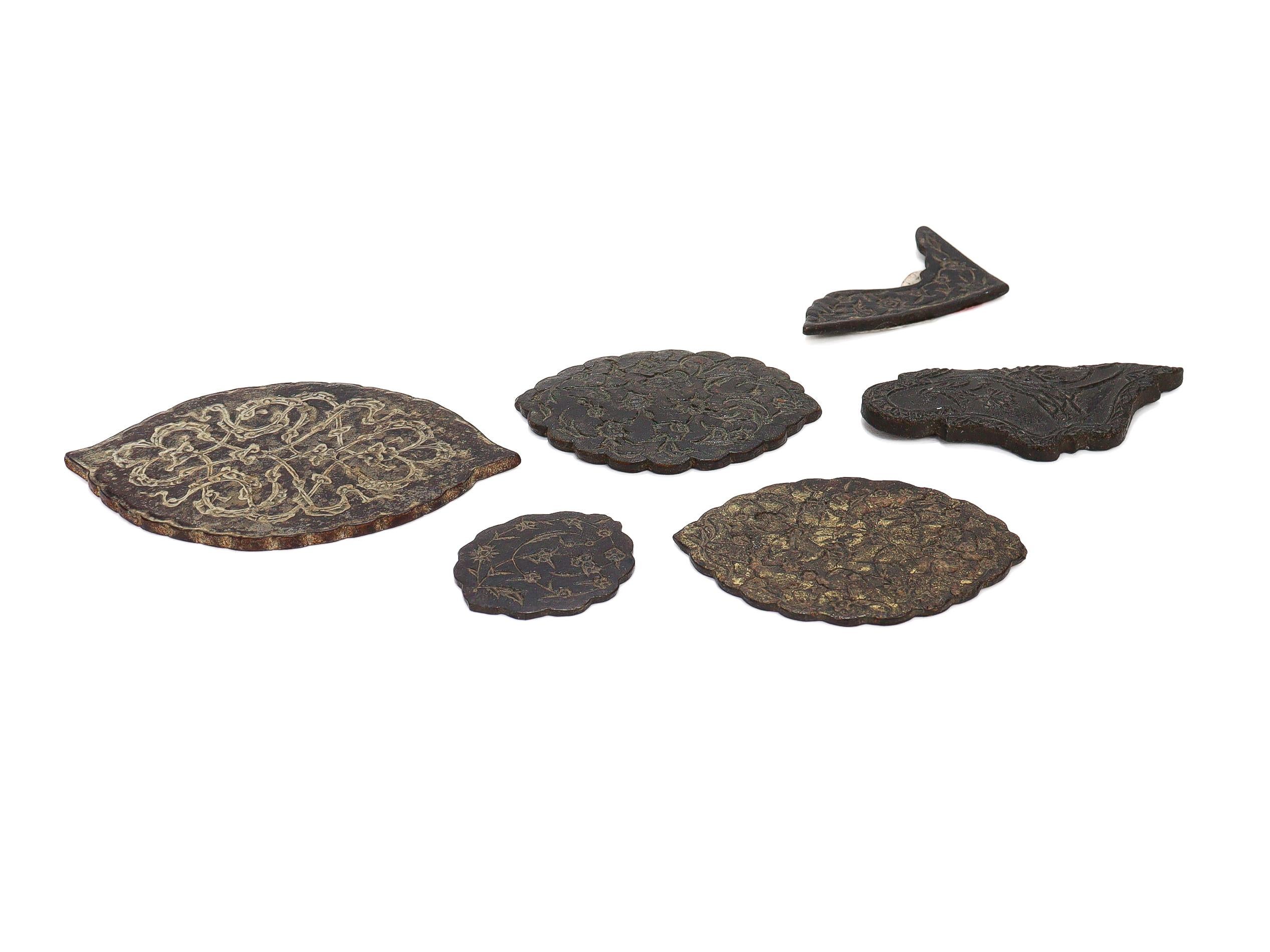 Carved 6 Antique Qajar Period Stamped Manuscript Inlay Leather Medallions, Ex-Sotheby's For Sale