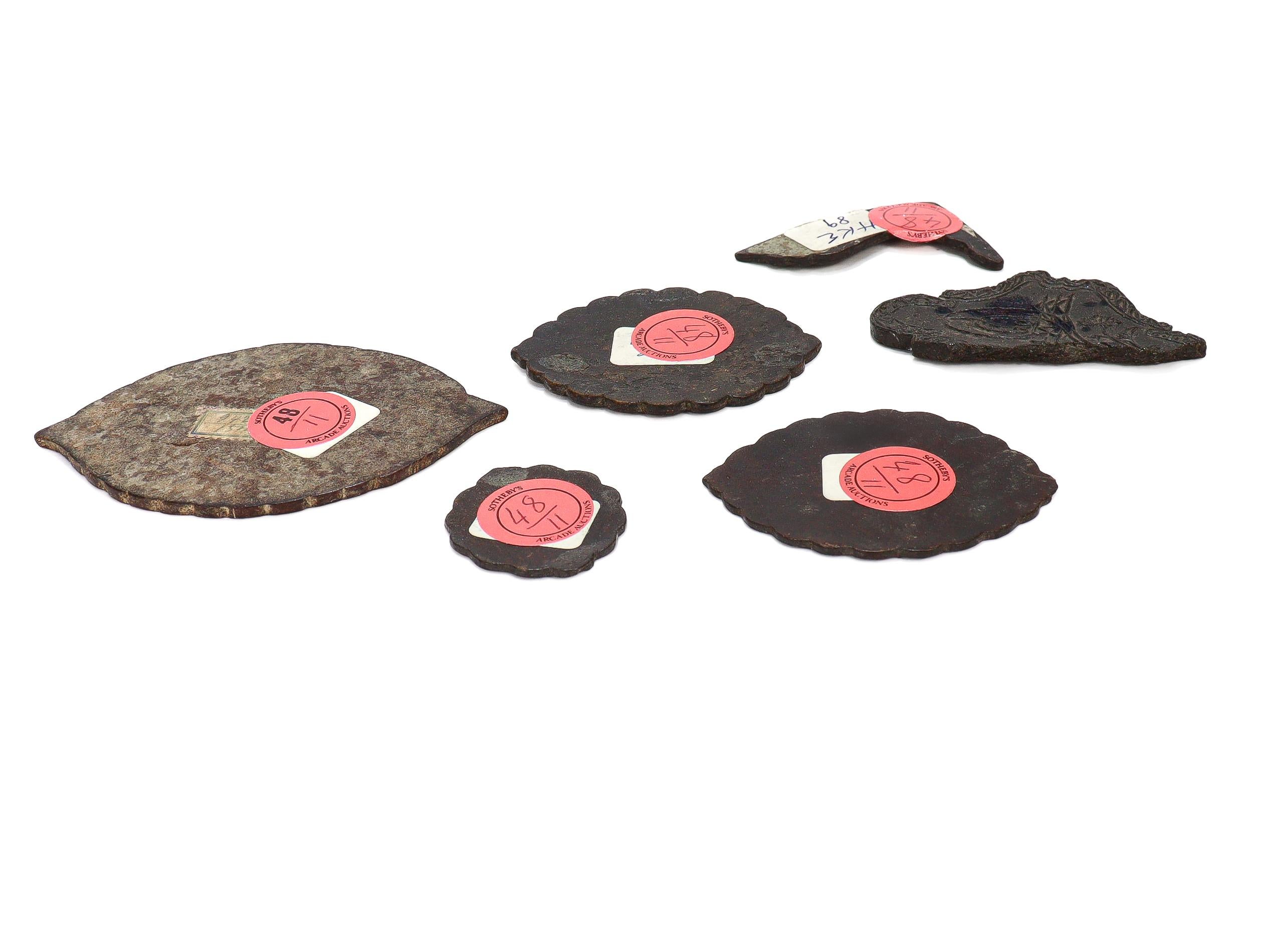 6 Antique Qajar Period Stamped Manuscript Inlay Leather Medallions, Ex-Sotheby's In Good Condition For Sale In Philadelphia, PA