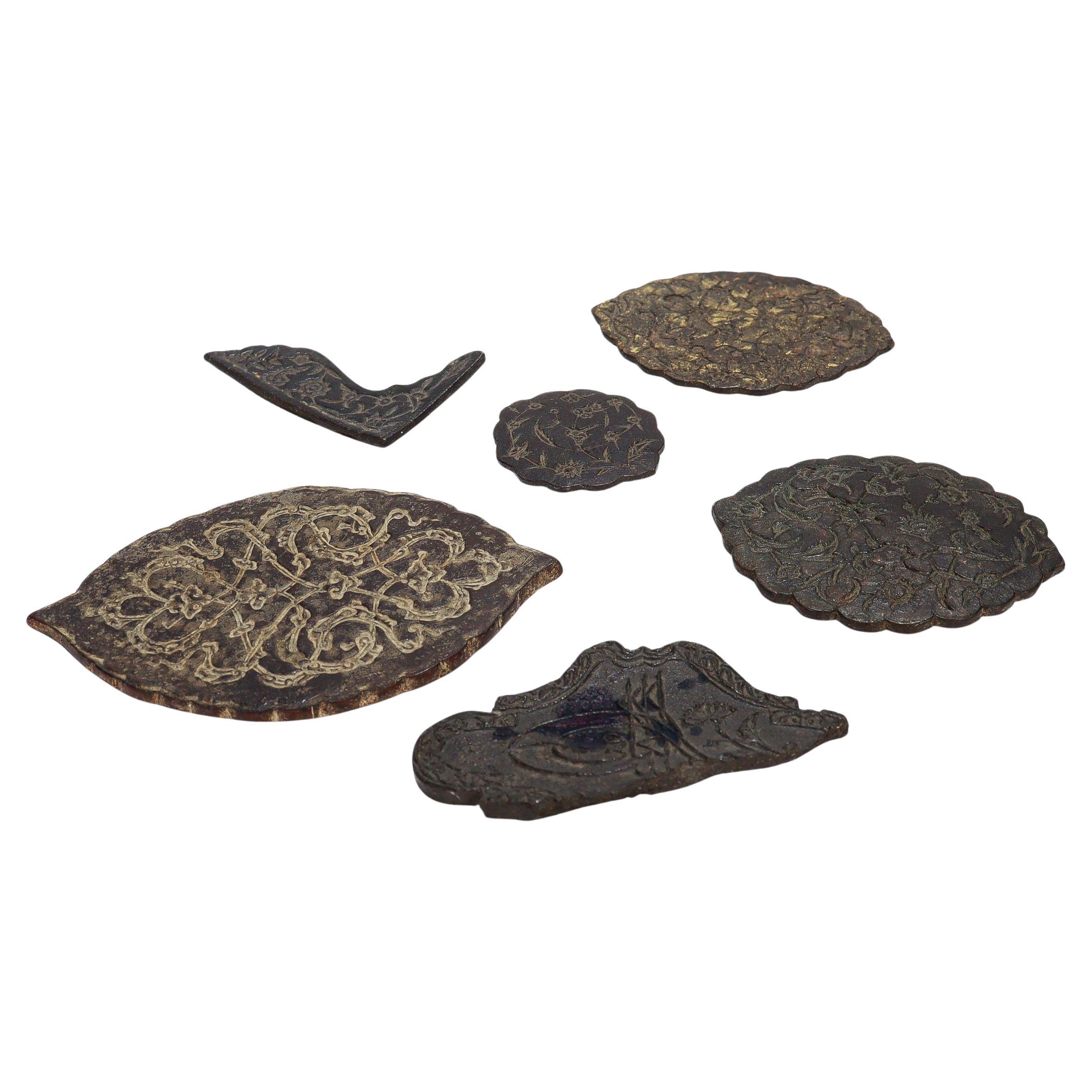6 Antique Qajar Period Stamped Manuscript Inlay Leather Medallions, Ex-Sotheby's For Sale