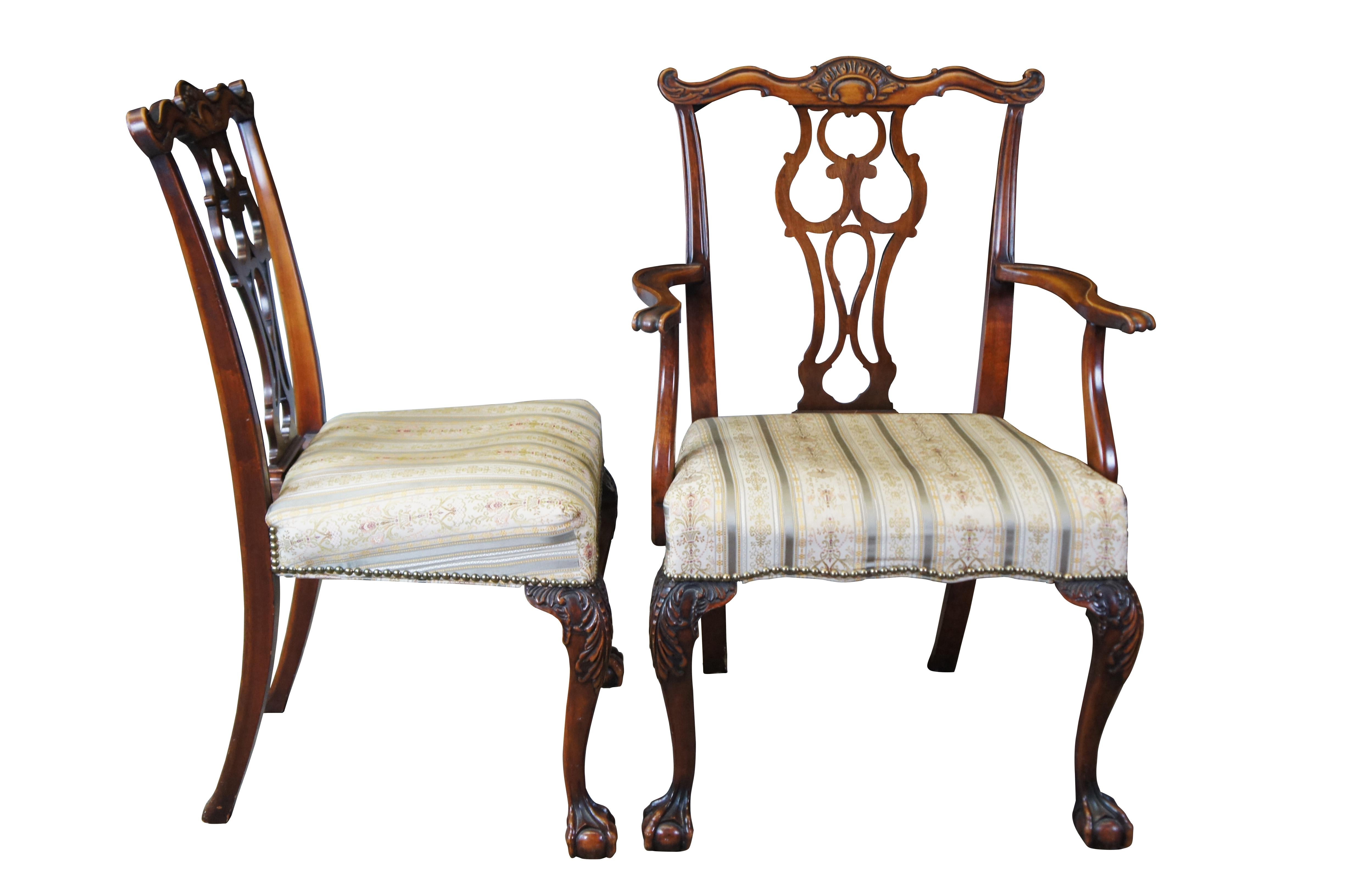 6 early 20th Century English Chippendale / Georgian style dining chairs by Romweber Industries. Circa 1920s.  Made from mahogany with serpentine scalloped crest rail, pierced back splat, floral upholstered seat with nail head trim and cabriole legs