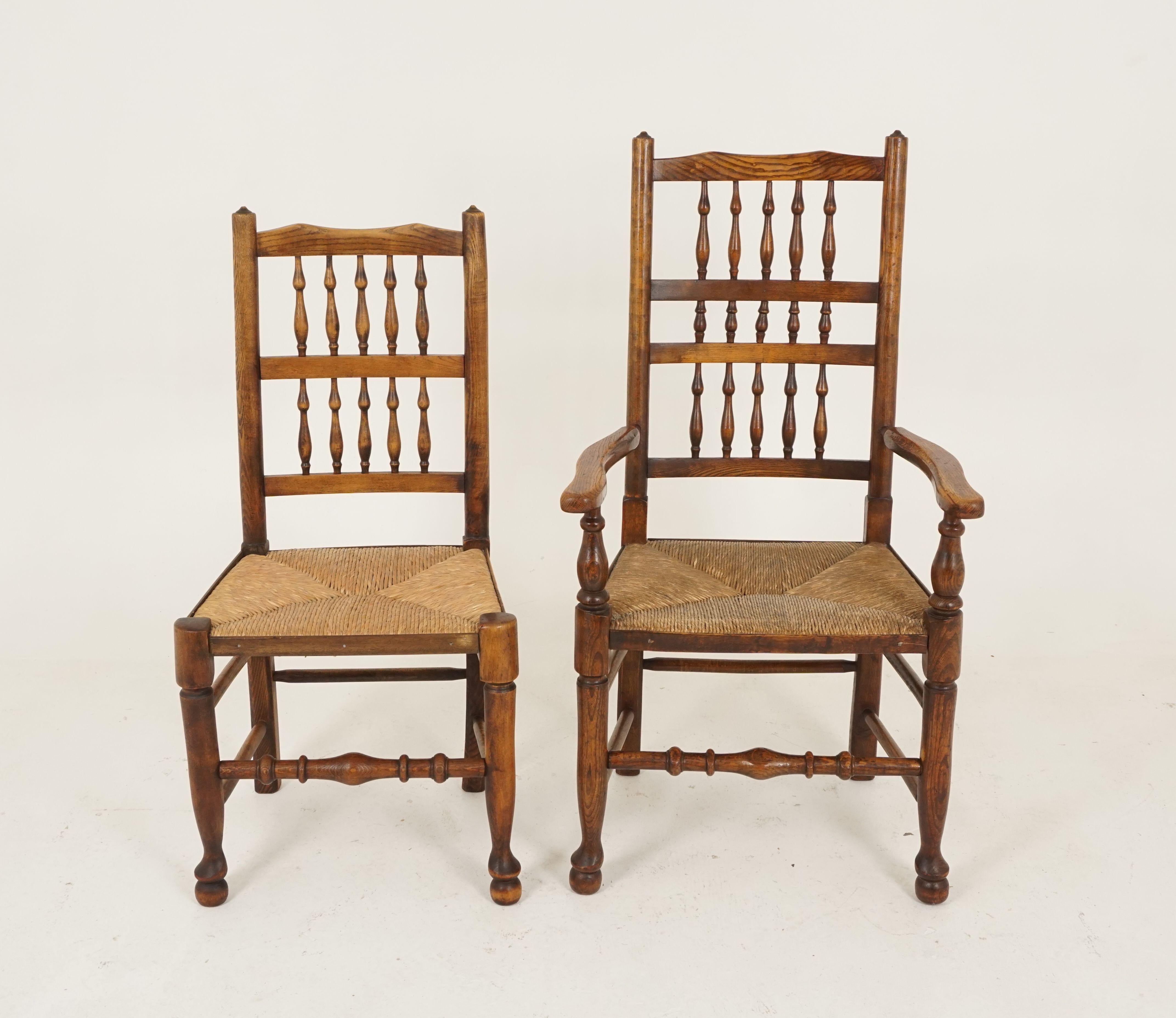6 antique rush seated chairs, country Lancashire farmhouse, spindle back chairs, England 1910, B2219

Lancashire, England, 1910
Solid ash + elmwood
Original finish
Shaped top rail
Two-tier spindle back design on single chair and three-tier