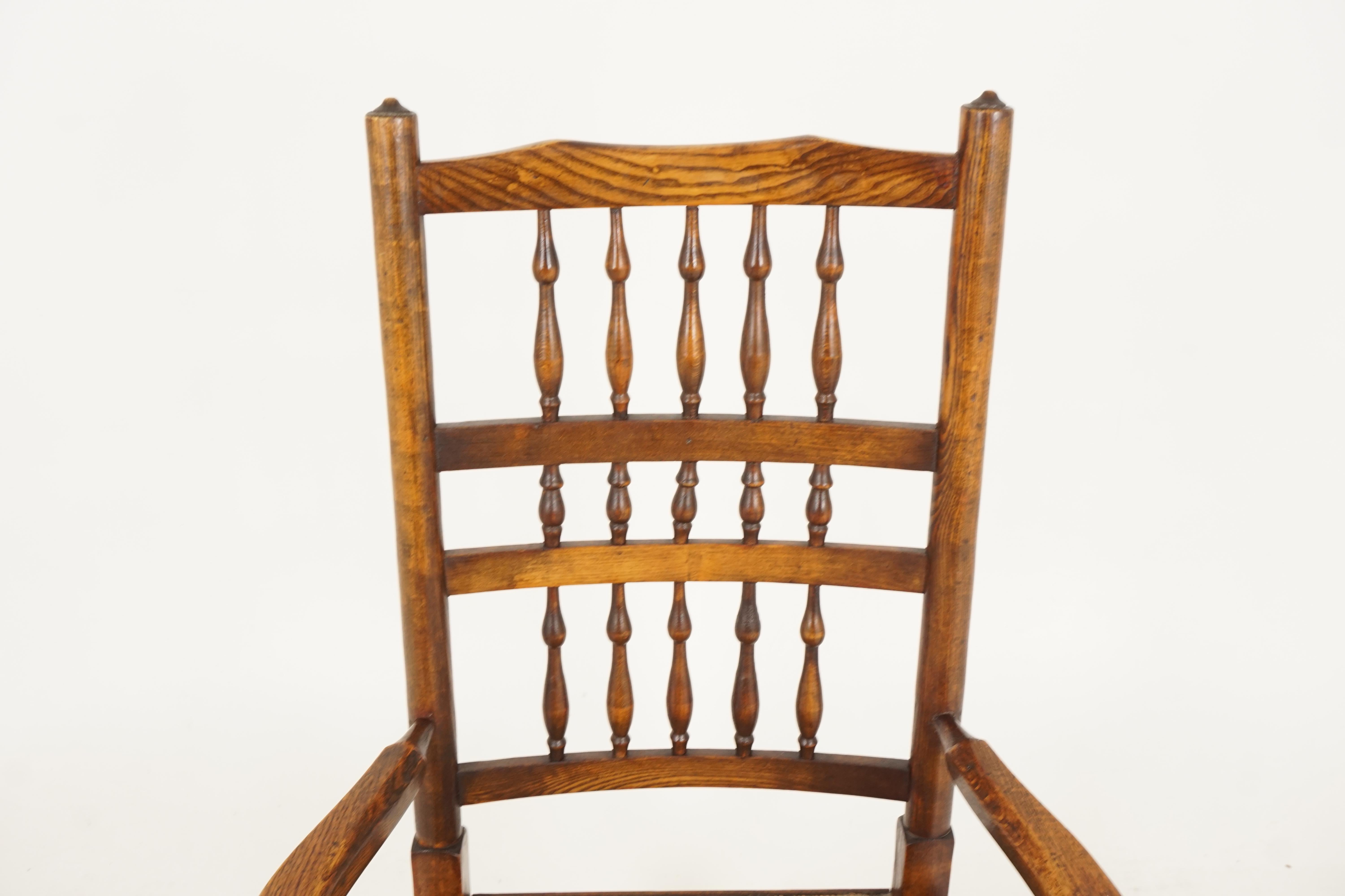 English 6 Antique Rush Seated Chairs, Country Lancashire Farmhouse, Spindle Back Chairs
