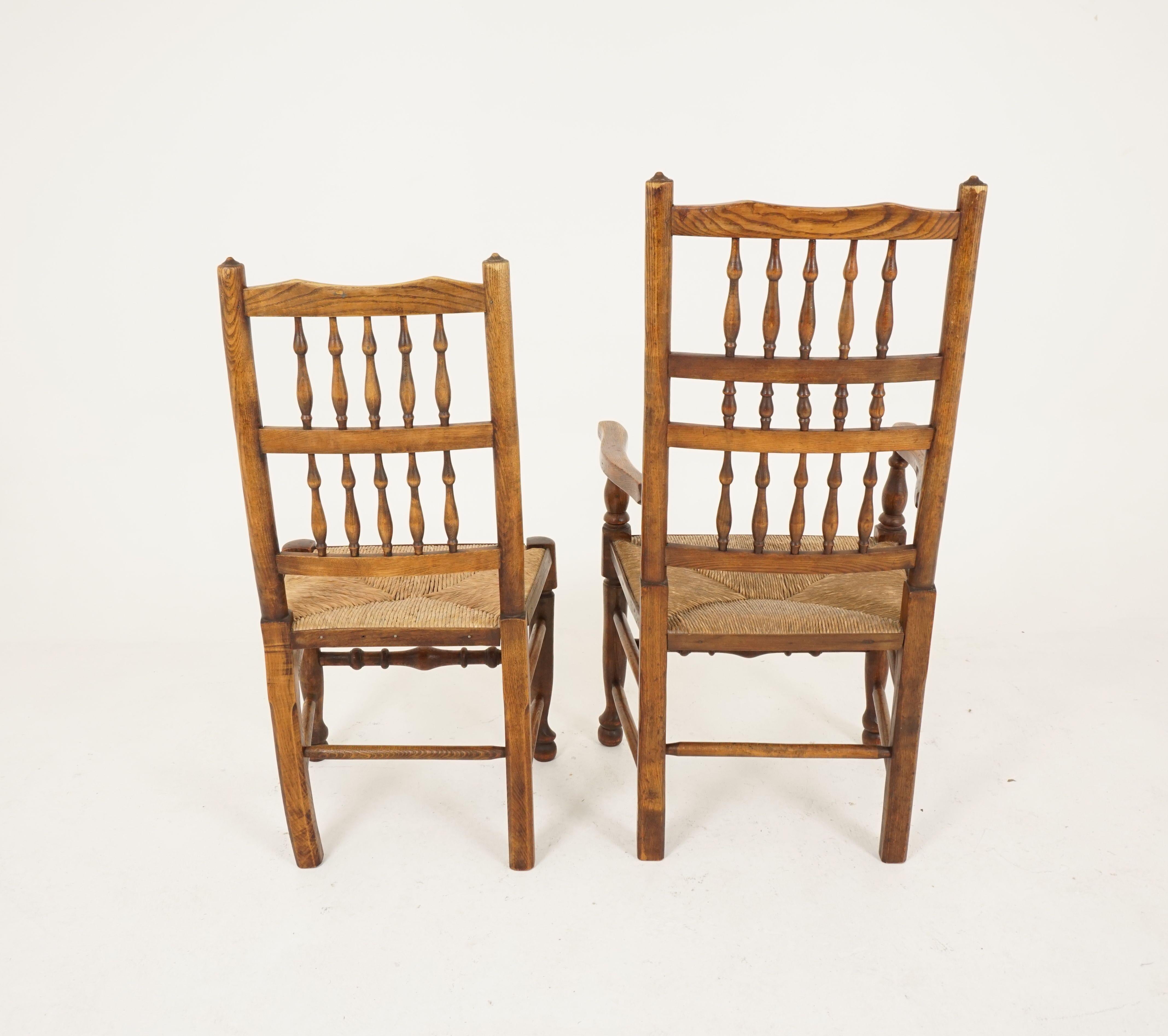 Ash 6 Antique Rush Seated Chairs, Country Lancashire Farmhouse, Spindle Back Chairs