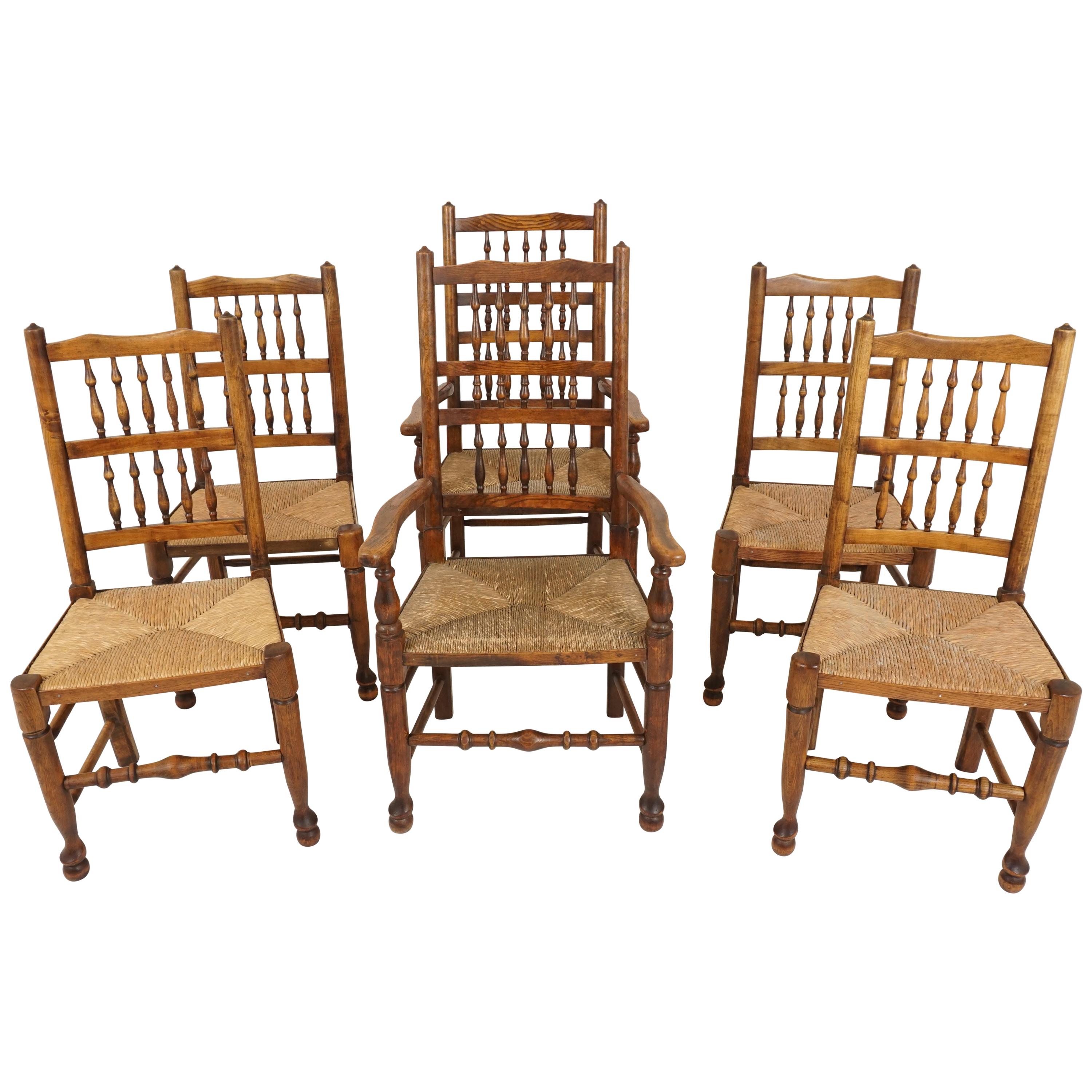 6 Antique Rush Seated Chairs, Country Lancashire Farmhouse, Spindle Back Chairs