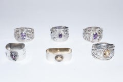 6 anneaux de serviette anciens en argent sterling et pierre, anglais