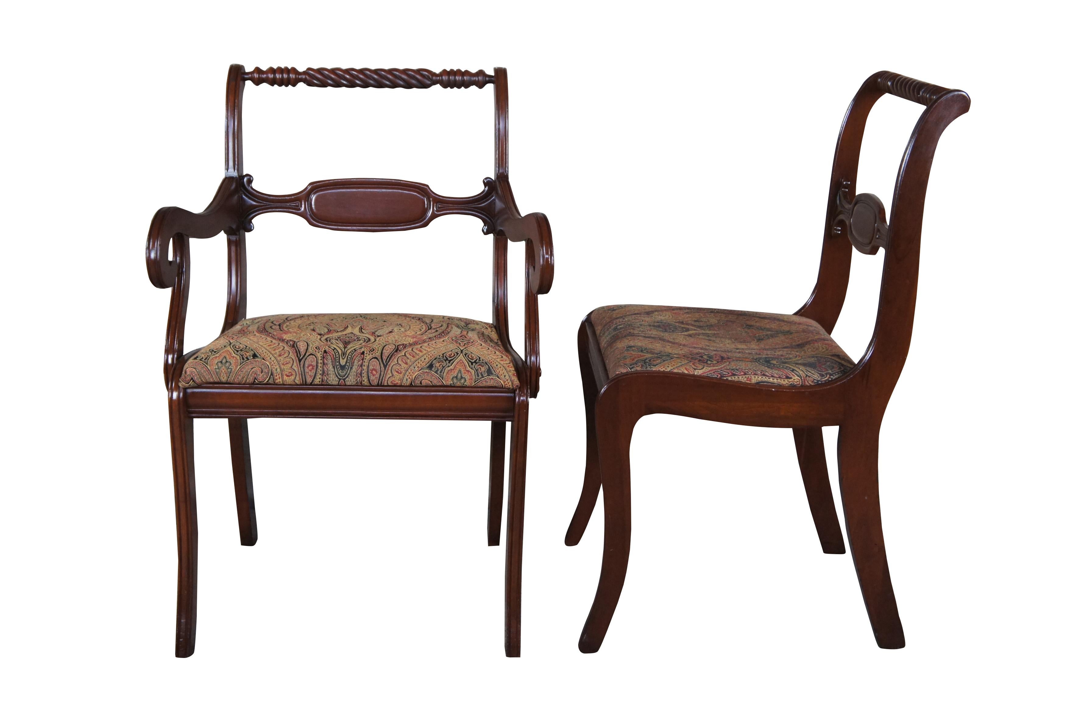 Set of six Antique Styled by Park dining chairs.  Made of cherry featuring an open back design with barley twisted and fluted accents and paisley seat.

Styled by Park is the hallmark of The Park Furniture Company of Rushville Indiana. The Park
