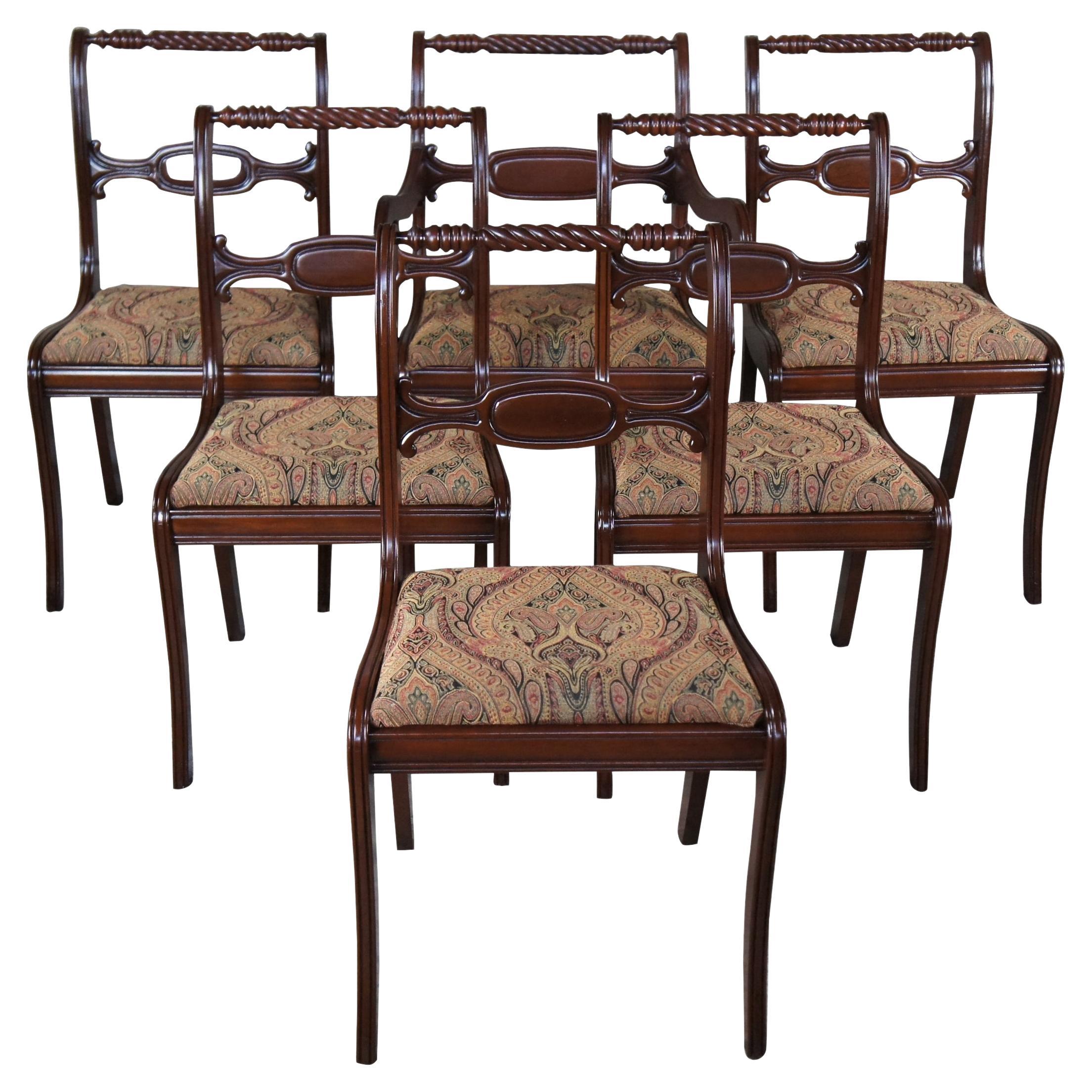 6 antike Park English Regency-Esszimmerstühle aus amerikanischem Kirschbaumholz mit Paisleymuster  im Angebot